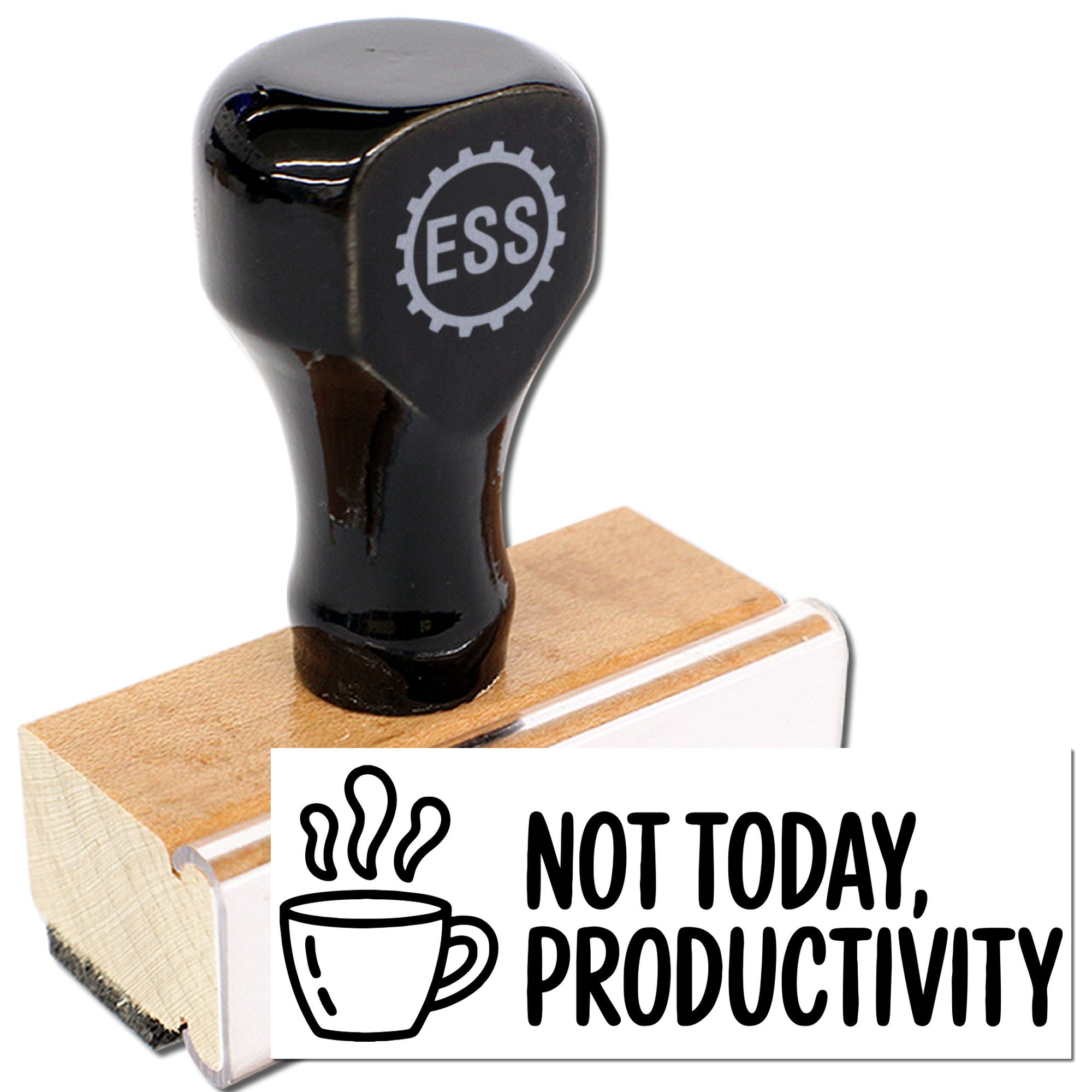 Black self-inking rubber stamp and seal with wood handle, stamped Not Today, Productivity beside a coffee cup icon