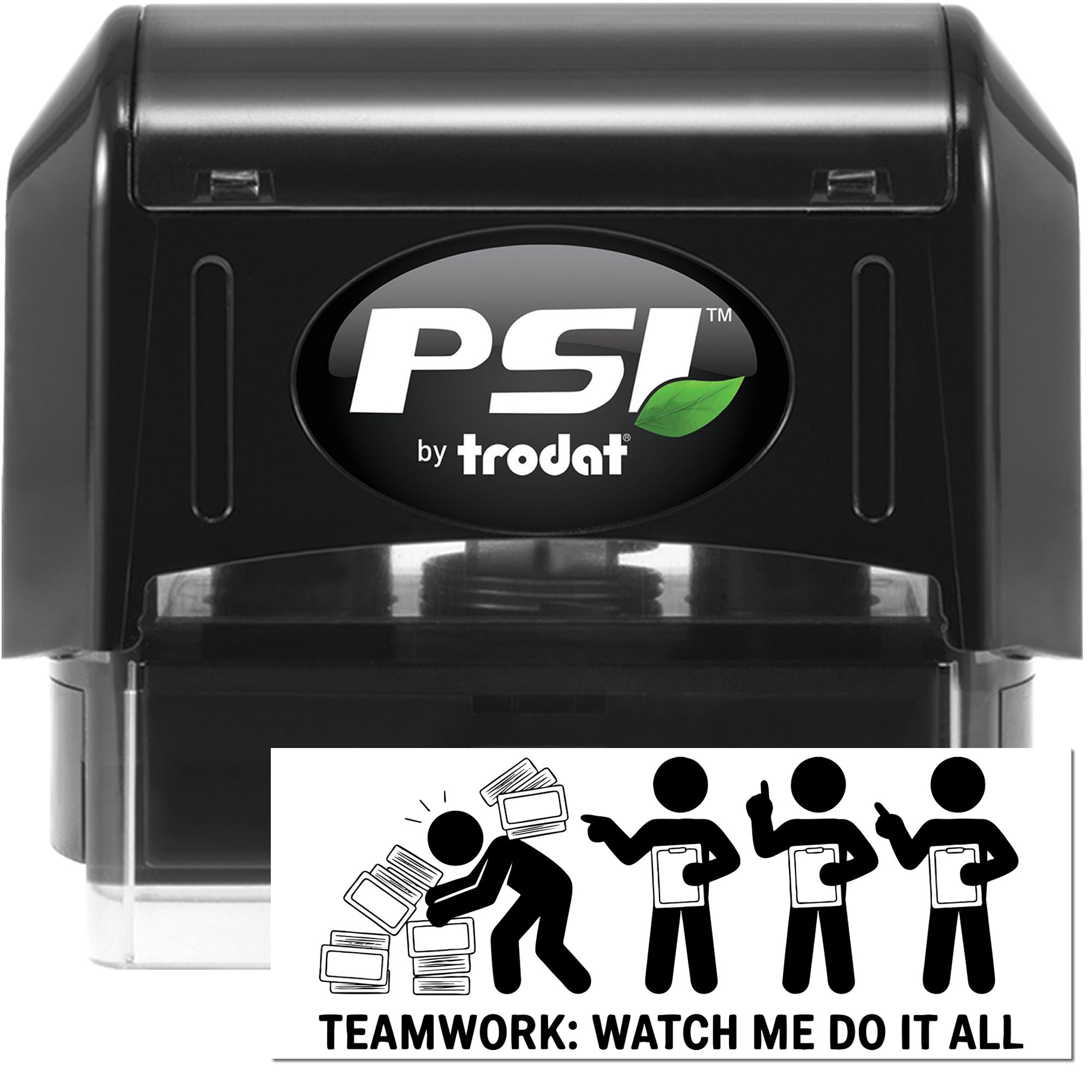 Black PSI by Trodat self-inking stamp and seal with green leaf logo, featuring a teamwork imprint