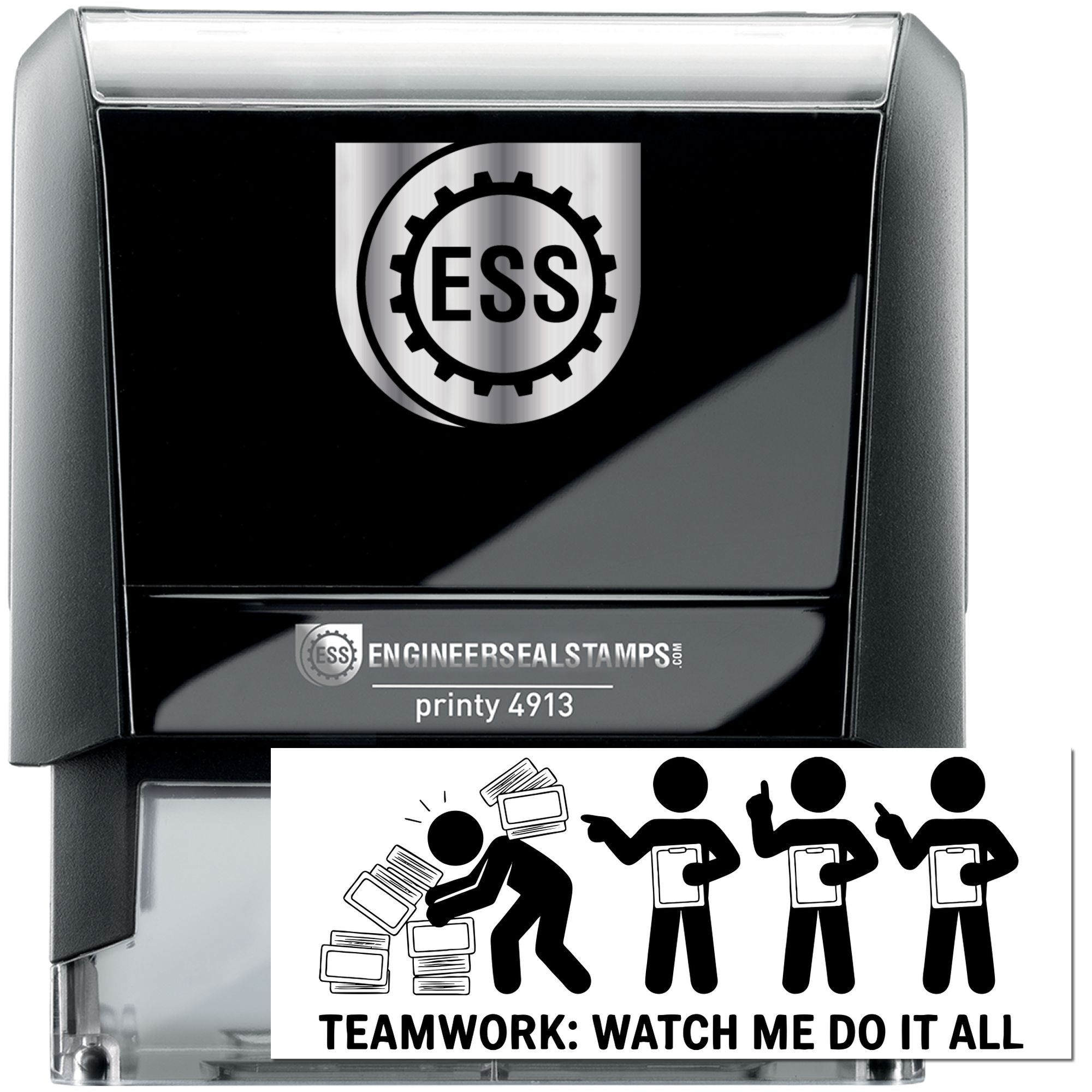 Black and silver self-inking stamp and seal, ESS EngineerSealStamps Printy 4913, with teamwork design insert.