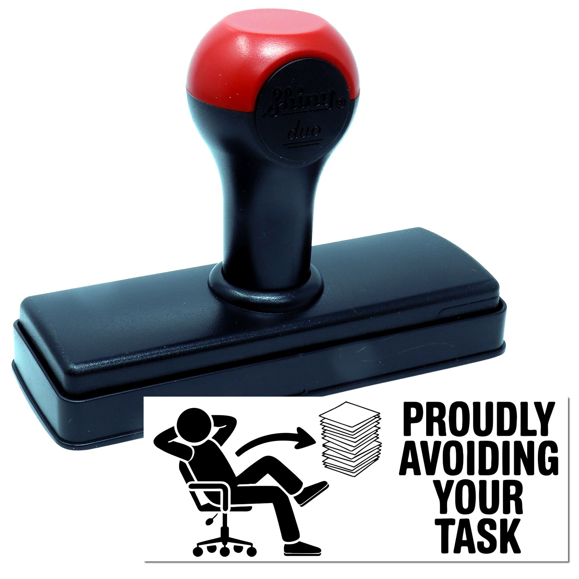 Red and black self-inking stamp and seal with rectangular base and bold office slogan.
