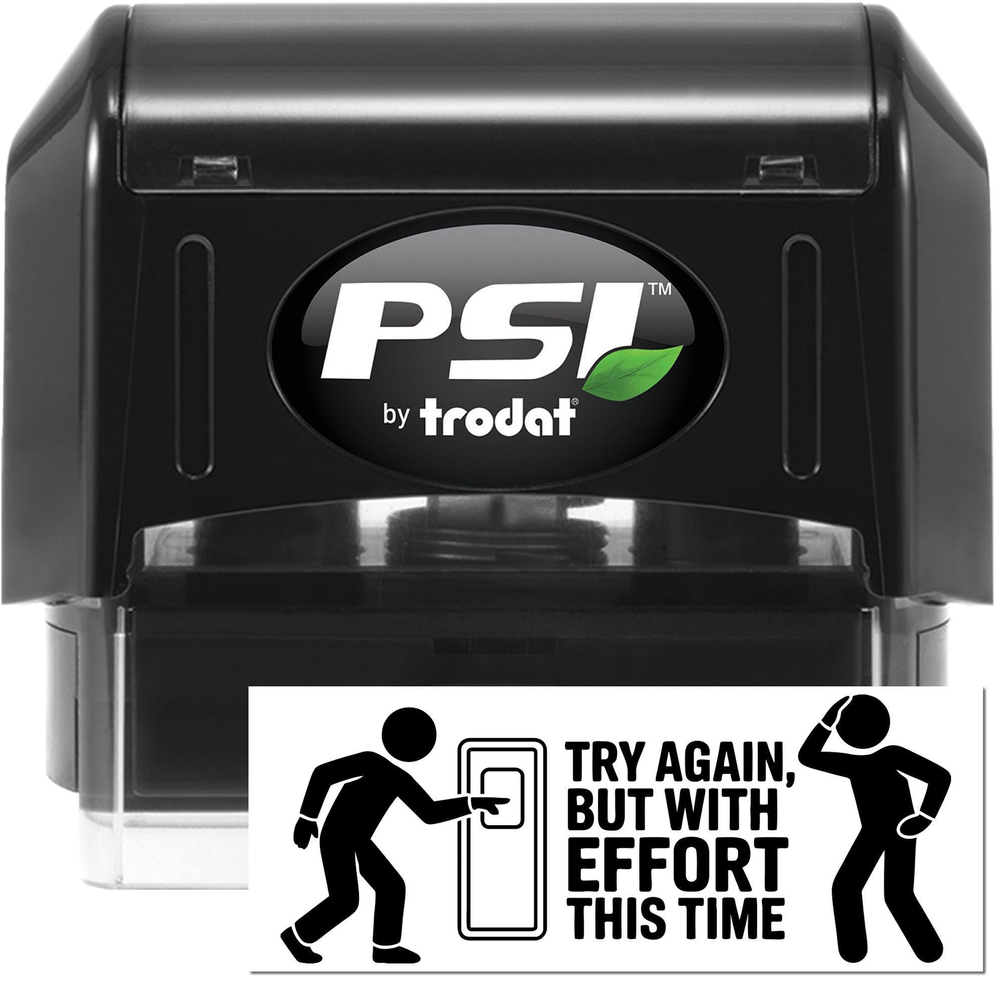 Black PSI by Trodat self-inking stamp and seal in black, with green leaf logo and custom rubber seal design below.