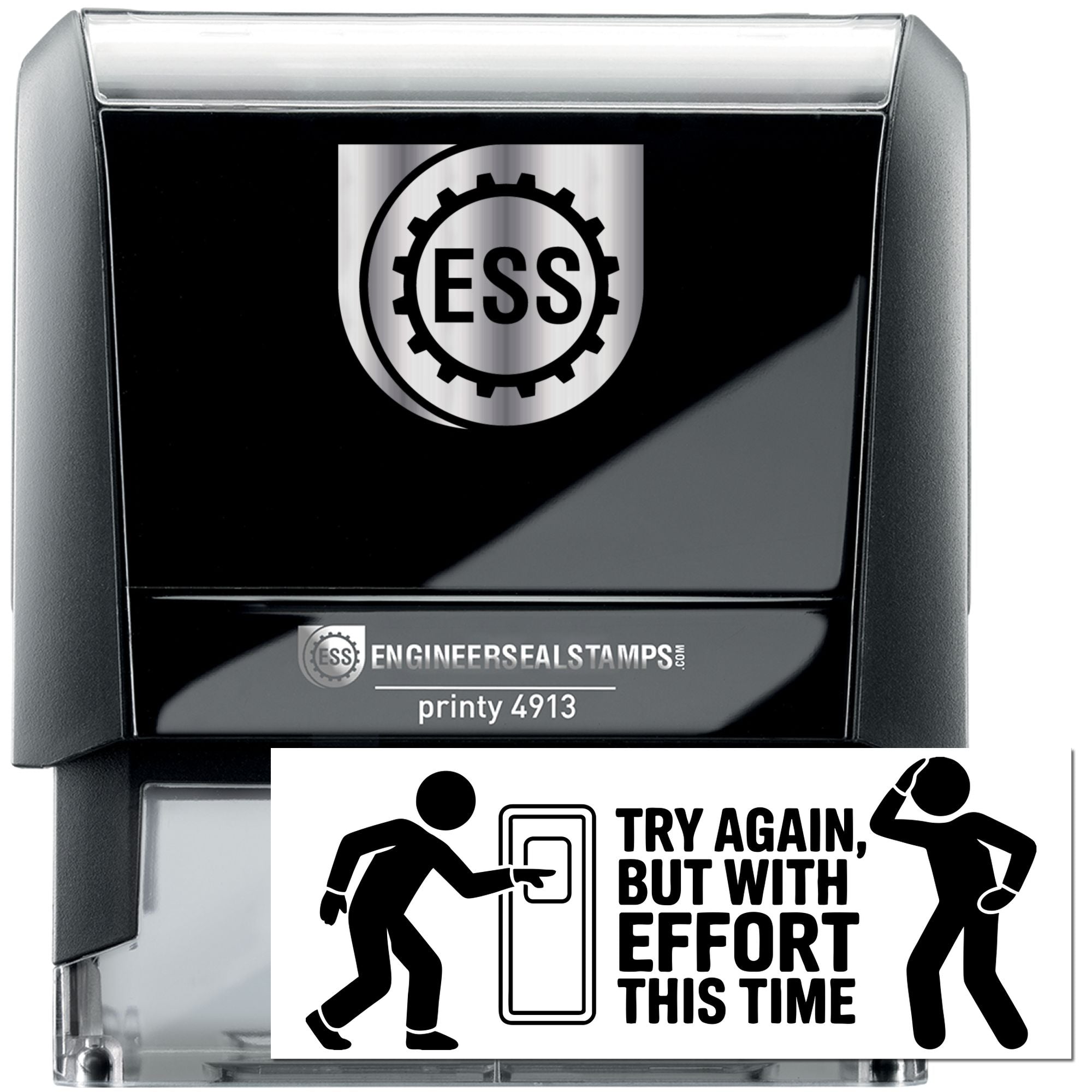 Black self-inking ESS engineer seal stamp with silver logo and bold black humorous imprint.