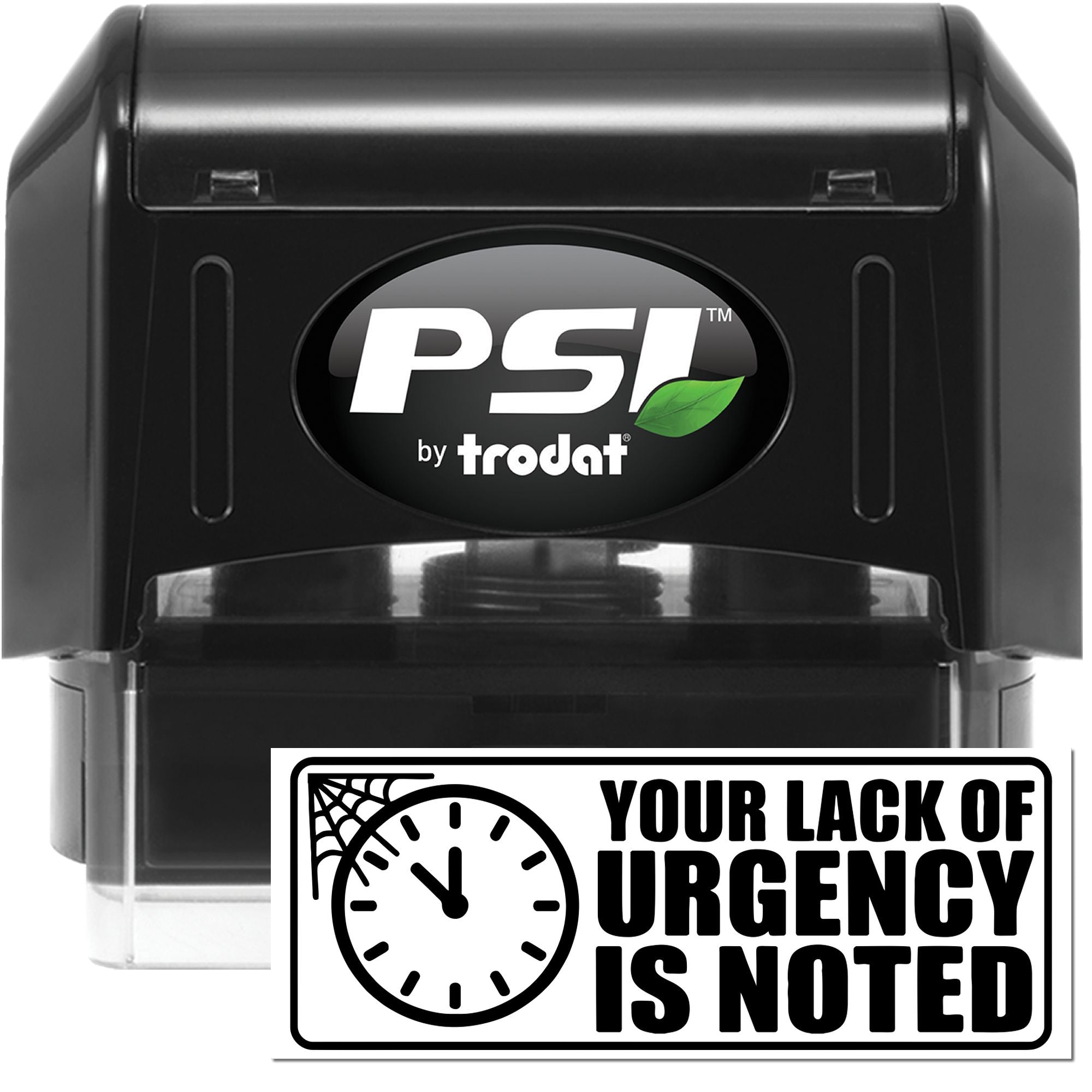 Black PSI by Trodat self-inking stamp and white urgency seal with clock icon and green leaf accent.