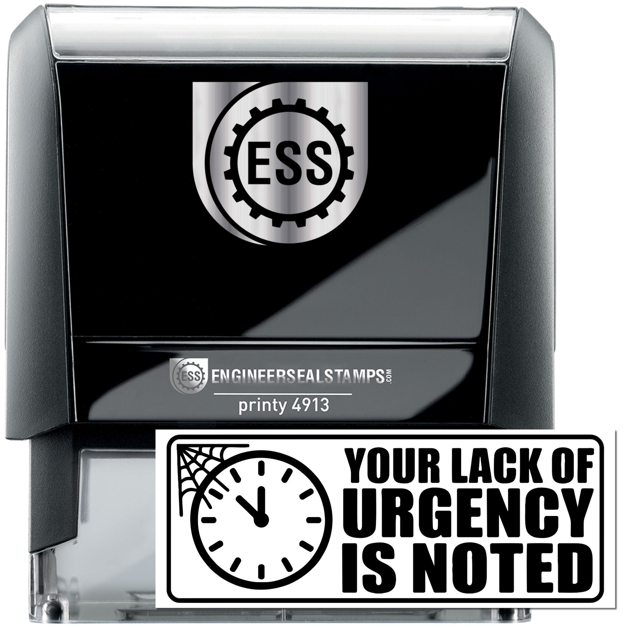 Black and silver engineer seal stamp with ESS logo and urgency-noted stamp sample