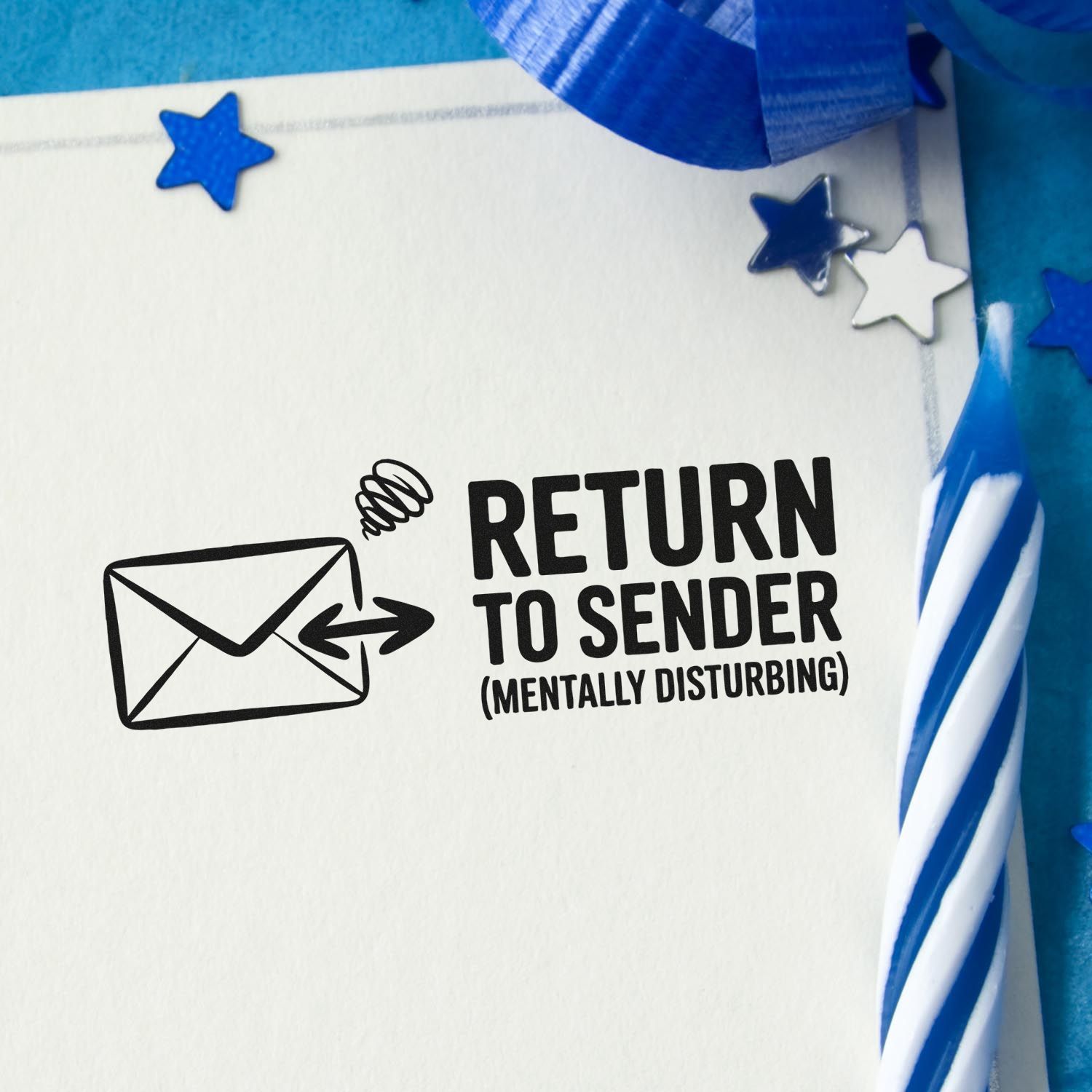 Black return-to-sender stamp with blue star seal accents on white paper