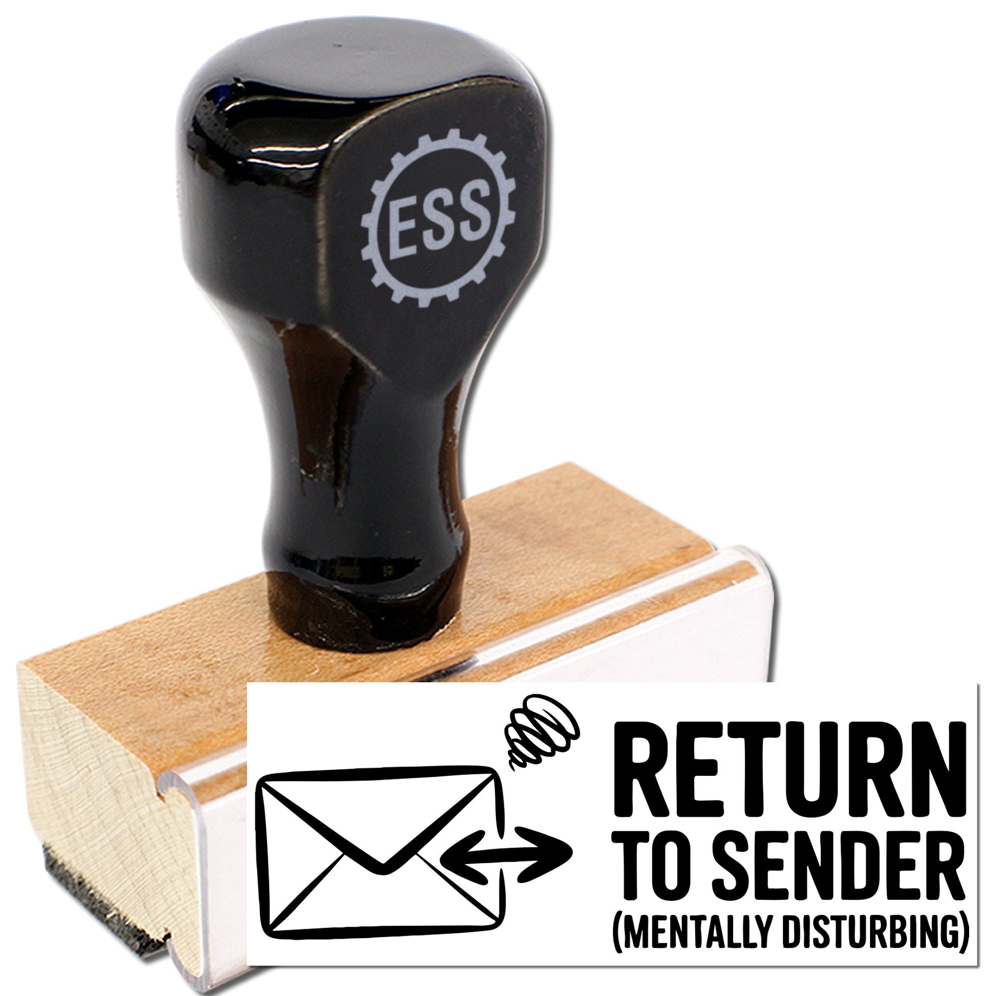 Black self-inking return-to-sender stamp and seal with envelope icon on wooden handle