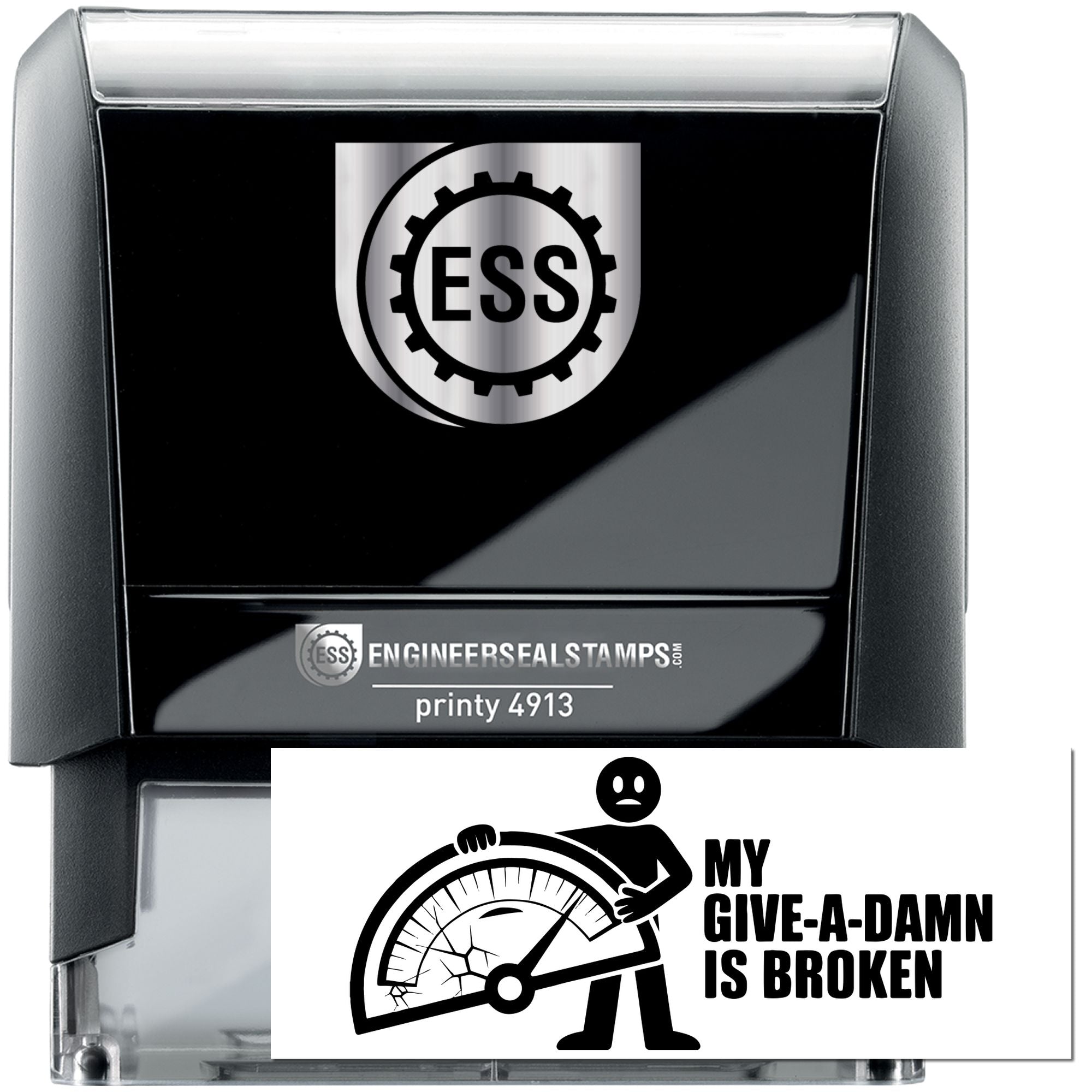 Black and silver ESS stamp and seal products, including printy 4913 and a broken gauge design