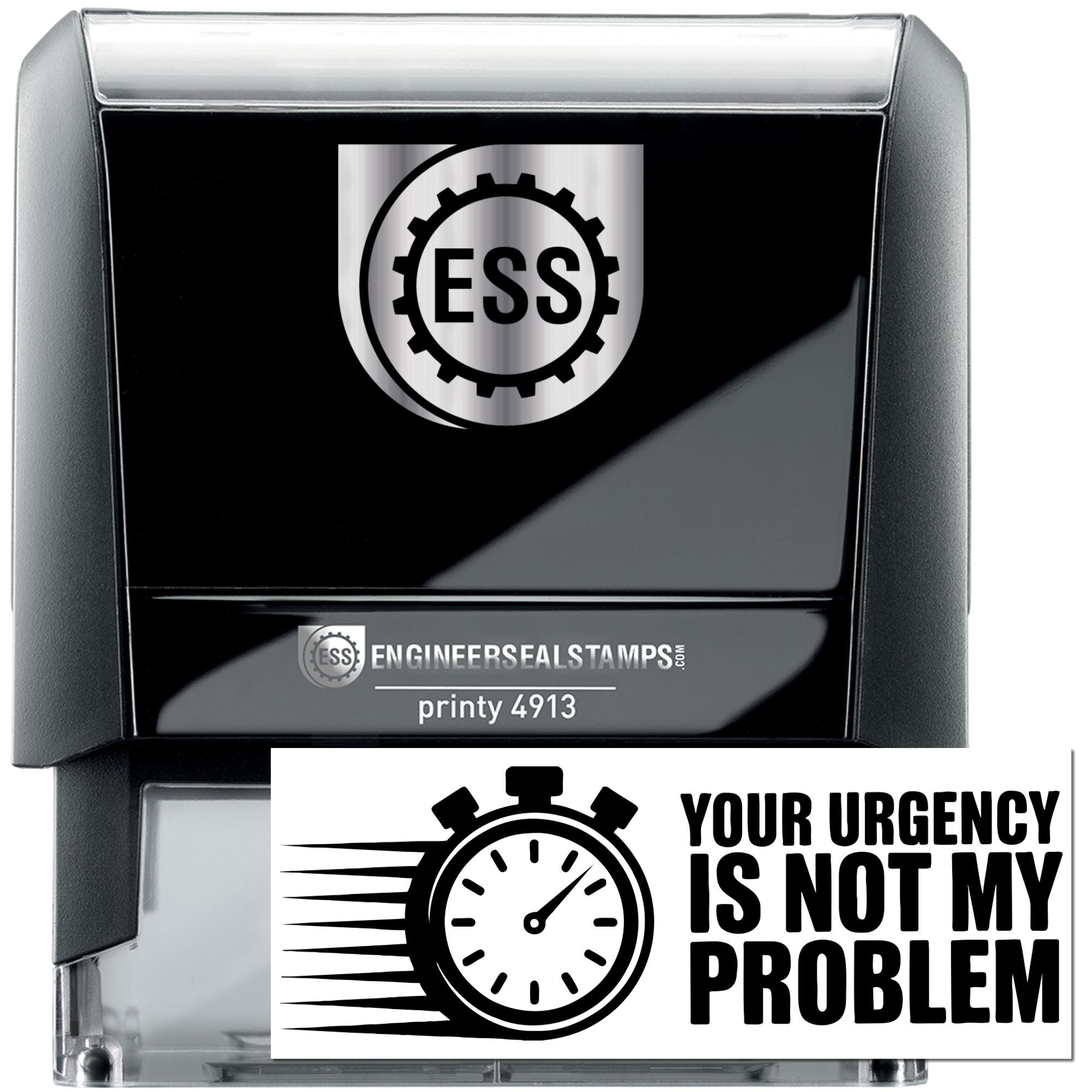 Black self-inking ESS engineer seal stamp with silver accents, clock icon, and bold slogan imprint.