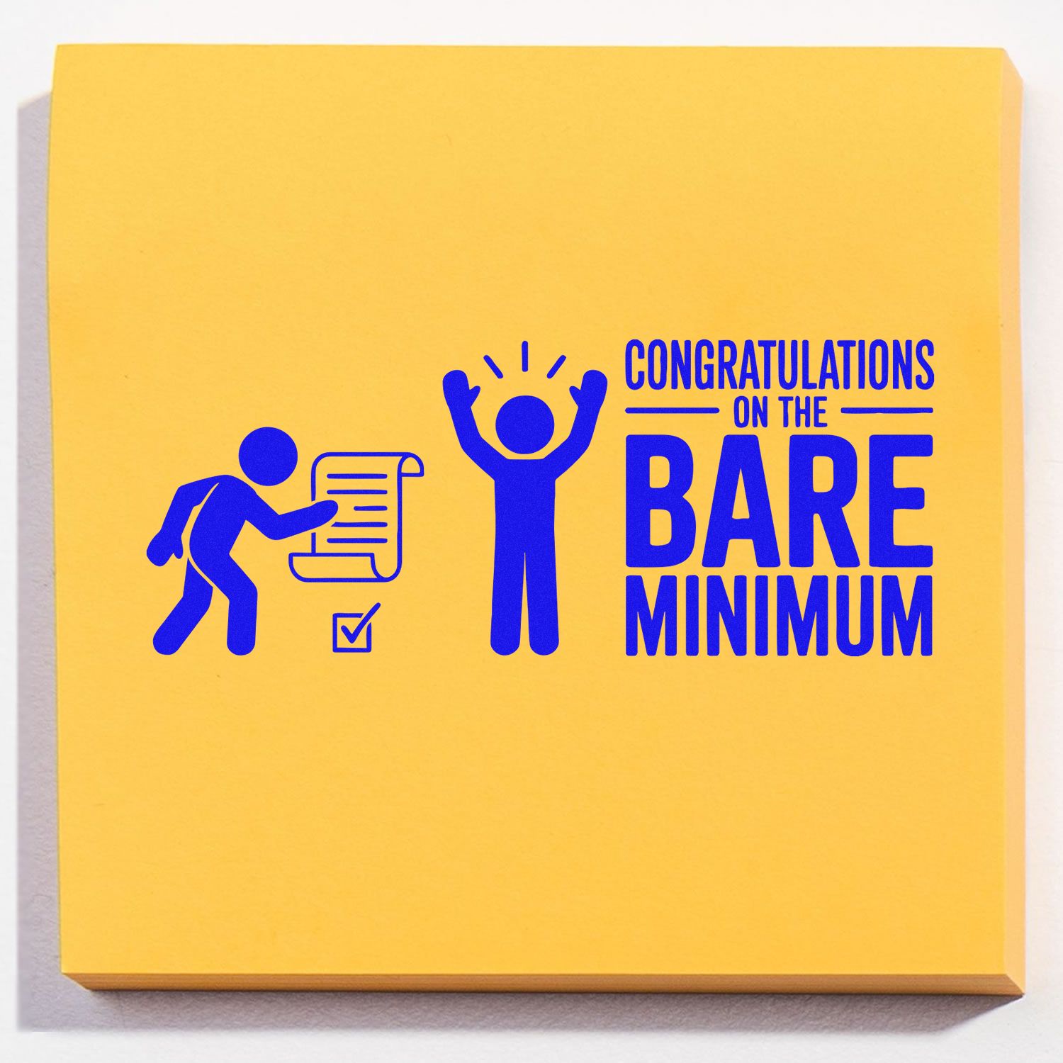 Yellow rubber stamp seal with blue figures, checklist icon, and bold Congratulations on the Bare Minimum text.