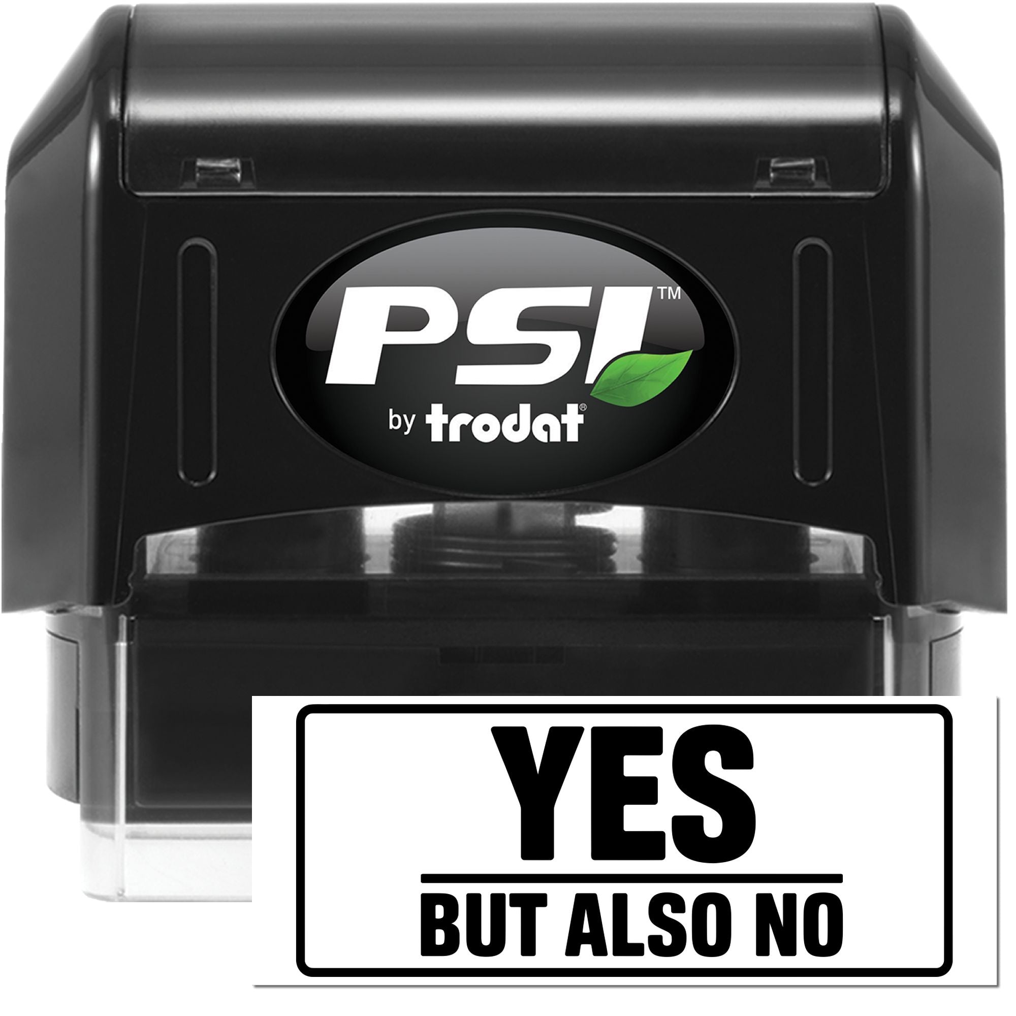 Black PSI by Trodat self-inking stamp, black casing, green leaf logo, and bold white YES/NO seal design.