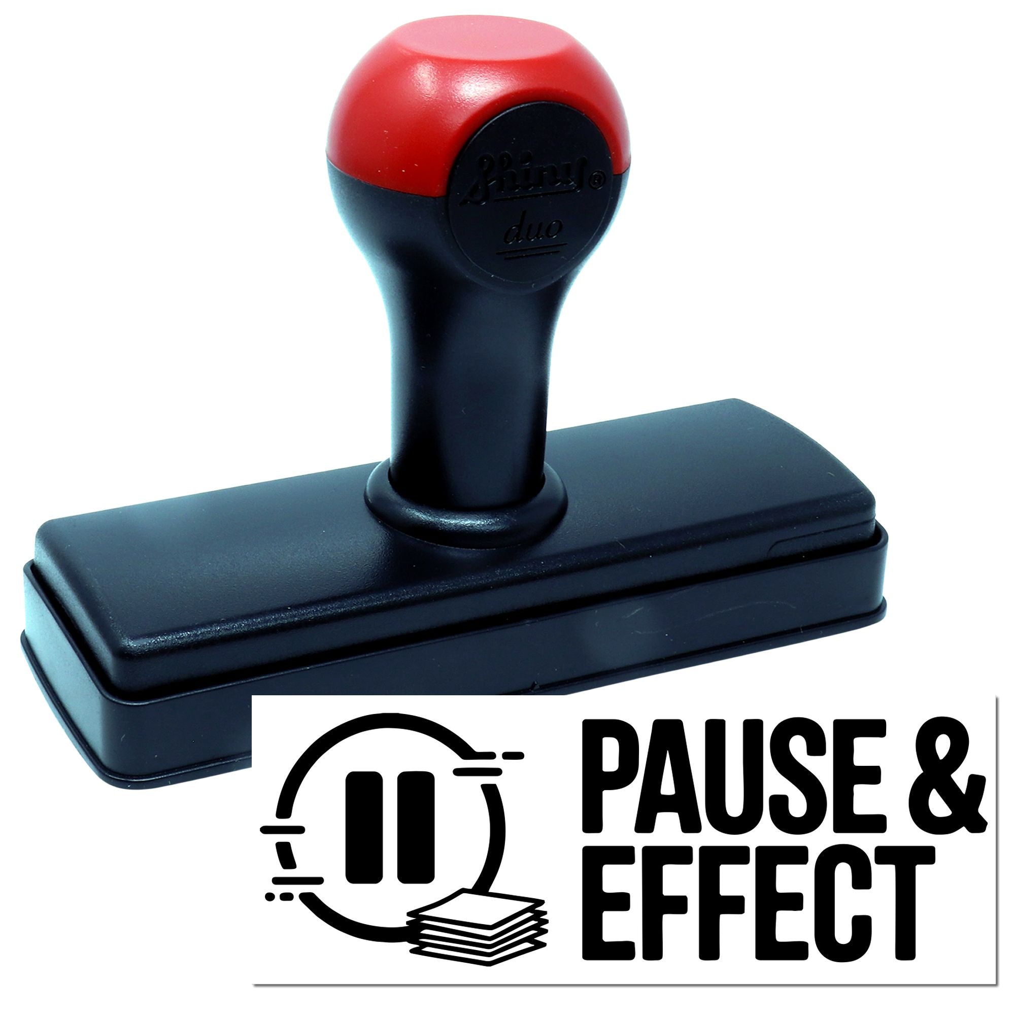 Red-and-black self-inking stamp and seal with rectangular base and Pause & Effect logo on white background
