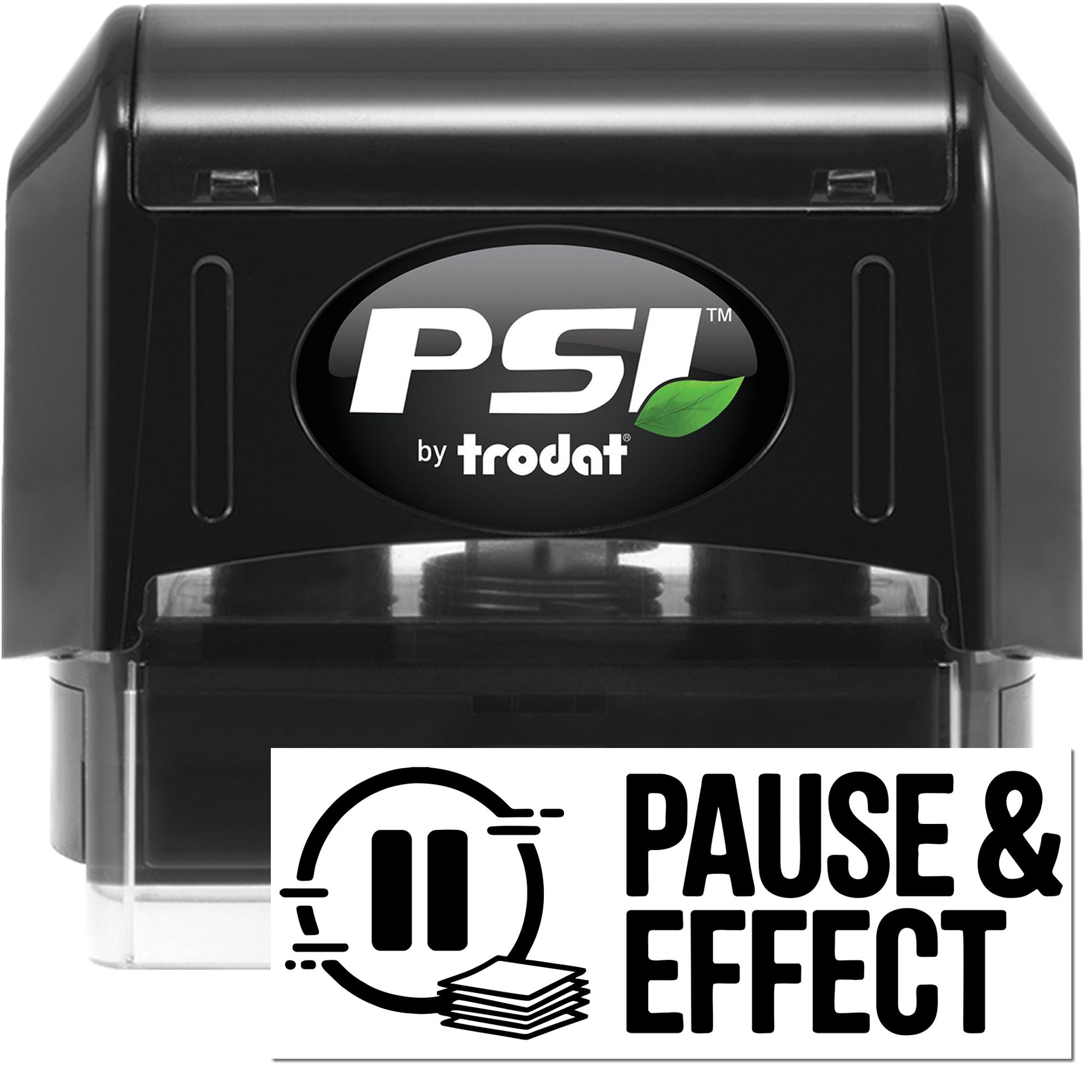 Black PSI by trodat self-inking stamp and seal, black casing, green leaf logo, clear base, Pause & Effect icon.