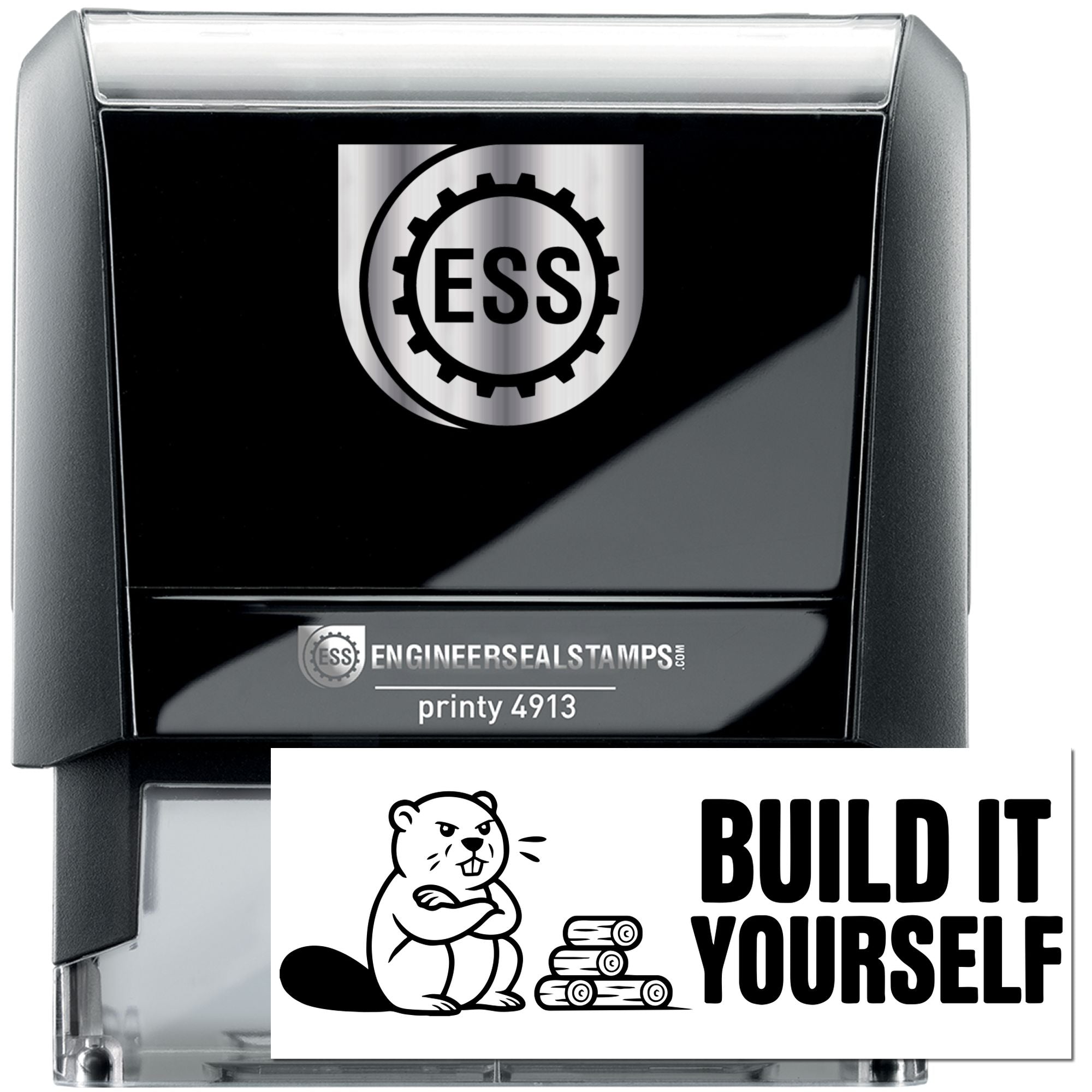 Black and gray self-inking engineer seal stamp with ESS logo and white Build It Yourself insert card.