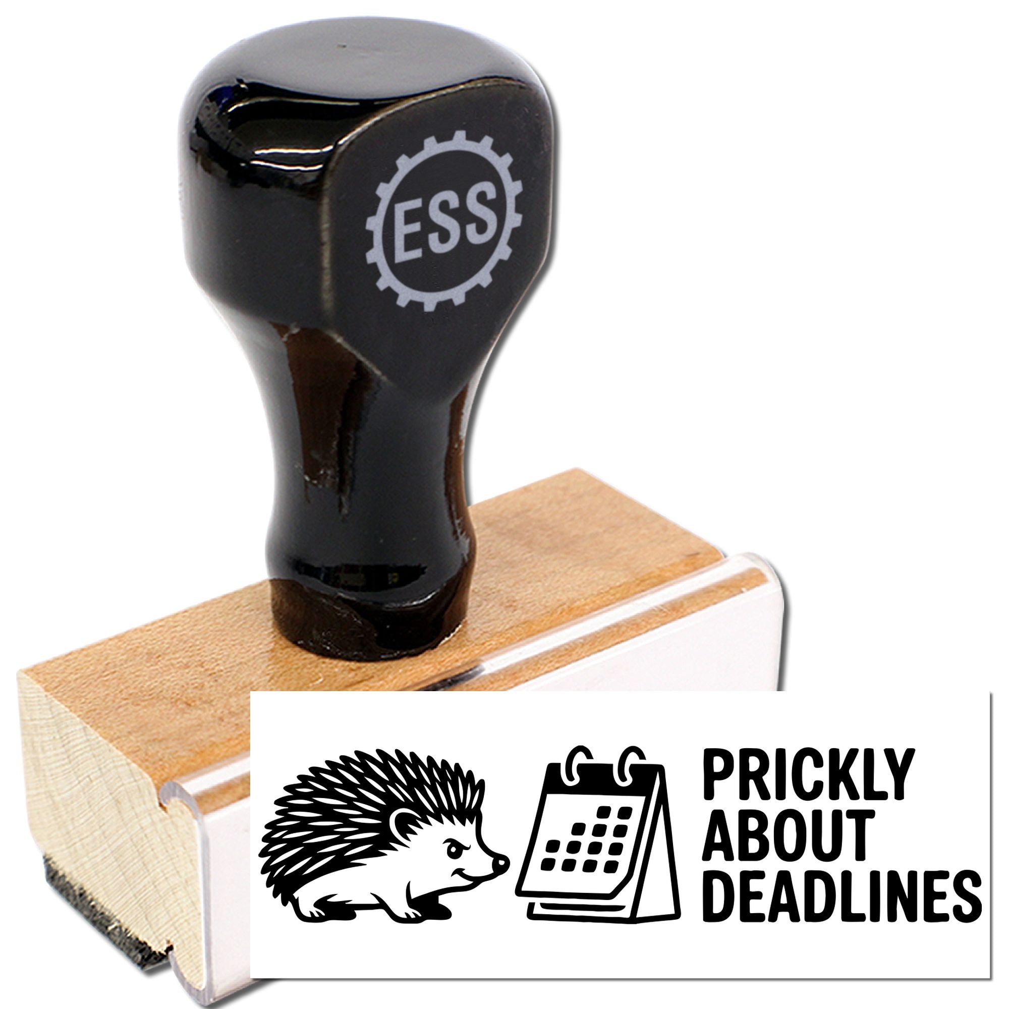 Black rubber stamp and seal on wooden base with ESS logo and Prickly About Deadlines hedgehog design.