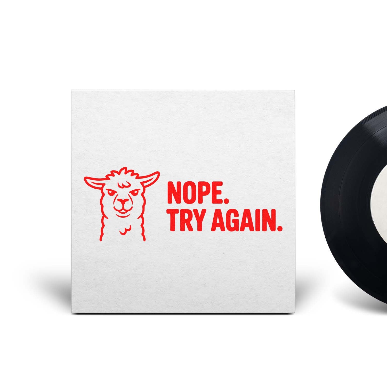 White stamp seal with red llama and NOPE. TRY AGAIN. text; partial black seal at right.