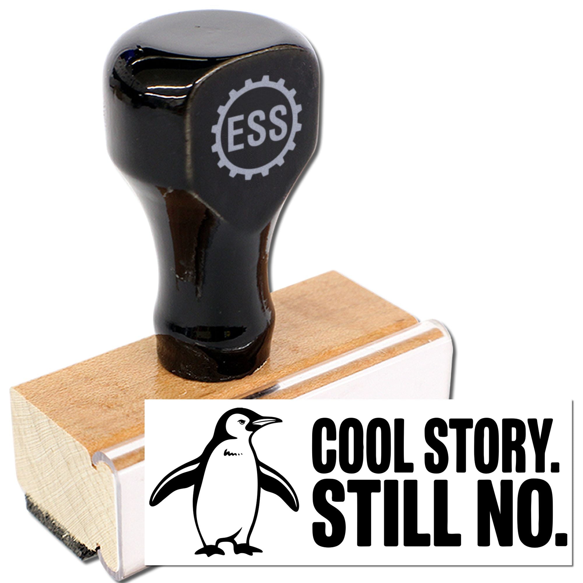 Black custom rubber stamp and wooden seal with penguin logo, showing COOL STORY. STILL NO. on white card.
