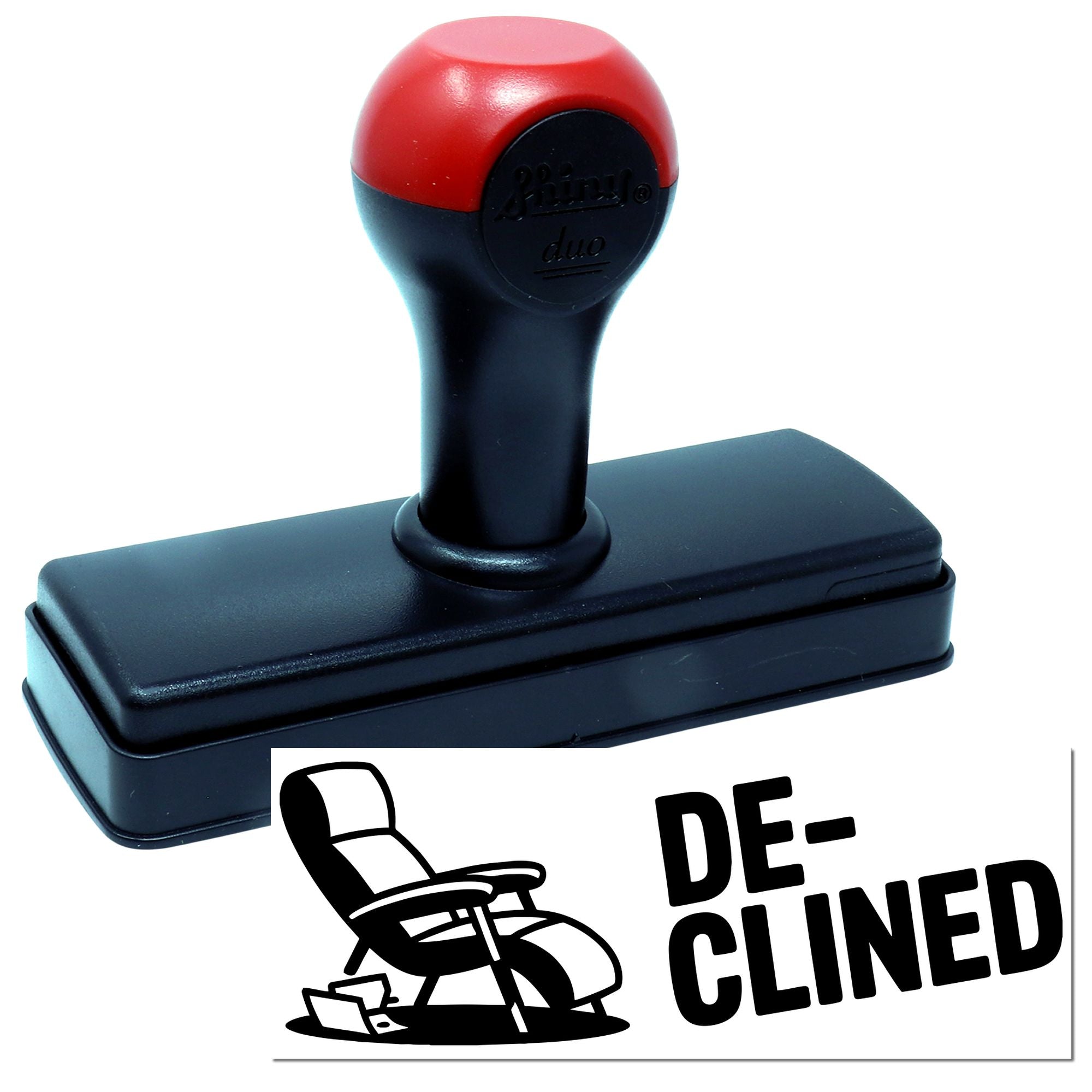 Red-and-black self-inking stamp and seal with DE-CLINED imprint graphic on a white background.