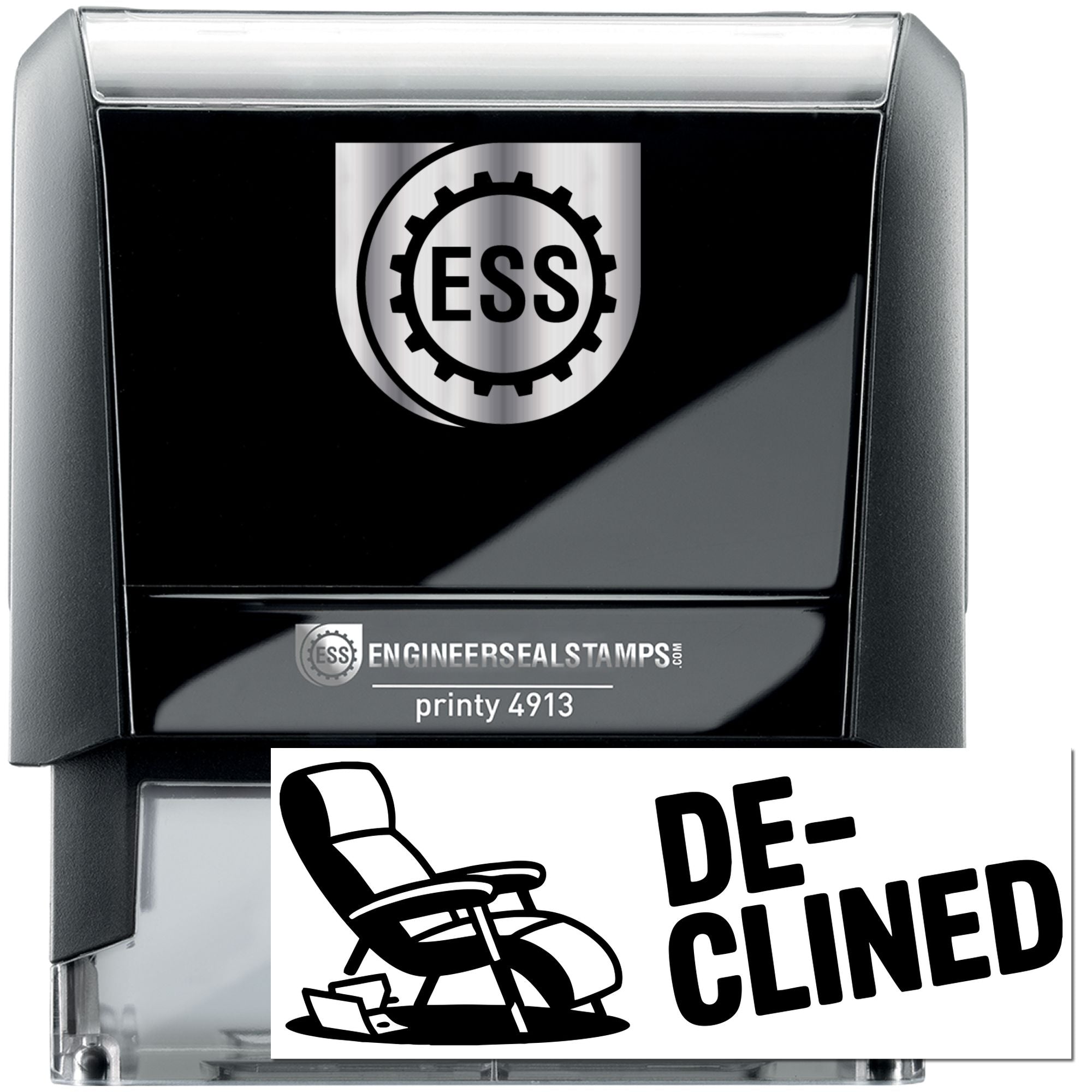 Black self-inking engineer seal stamp with silver ESS logo and DE-CLINED imprint, shown on a black and gray stamp unit.