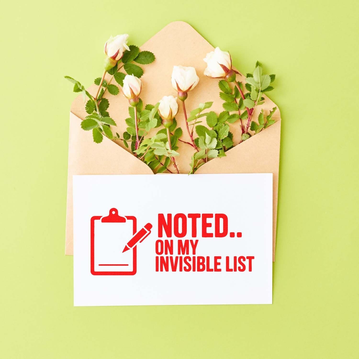 Red stamp and seal design on white card reading "Noted.. on my invisible list" beside beige envelope with white roses on green background