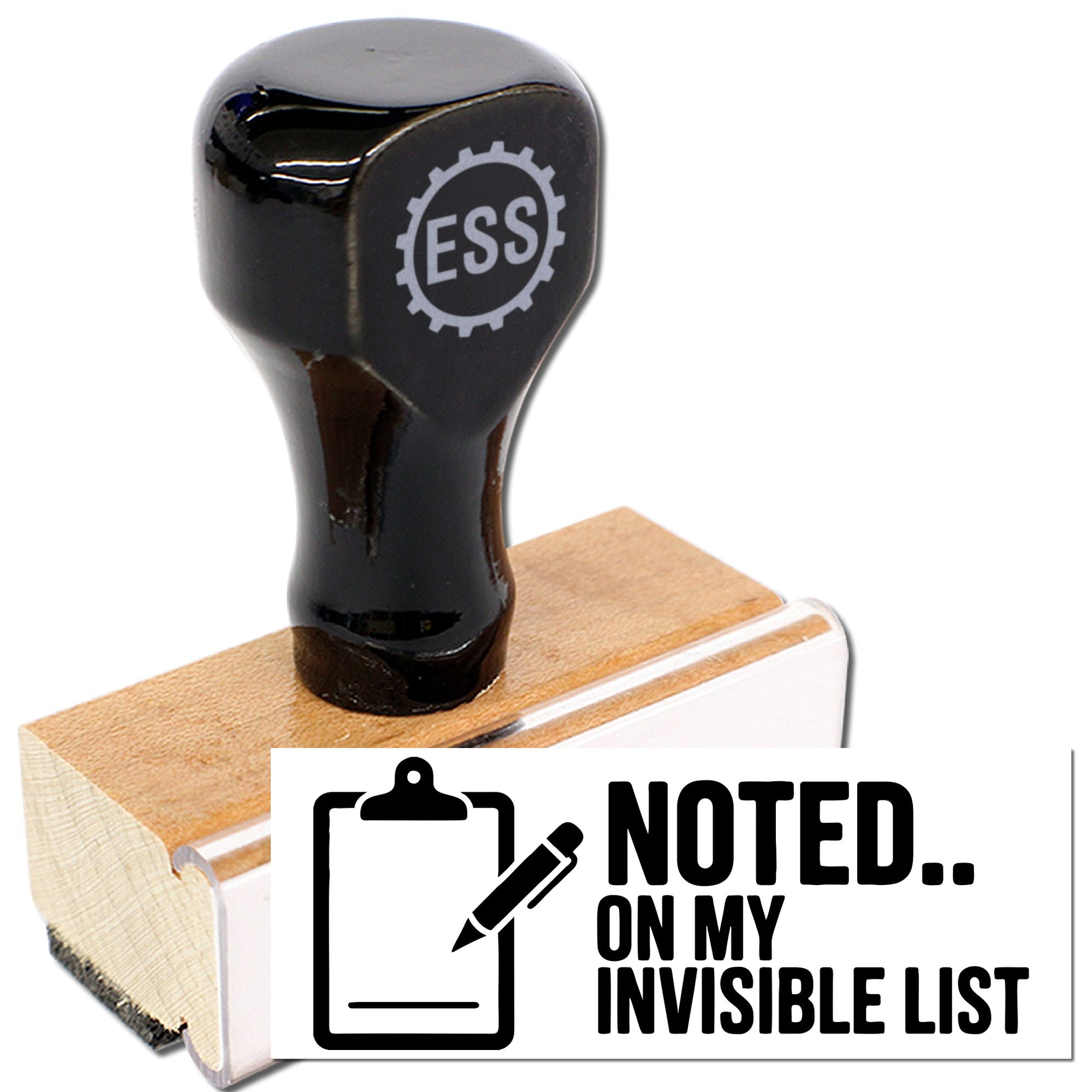 Black self-inking stamp seal on wooden block with ESS logo and Noted on my invisible list text, black and white design.