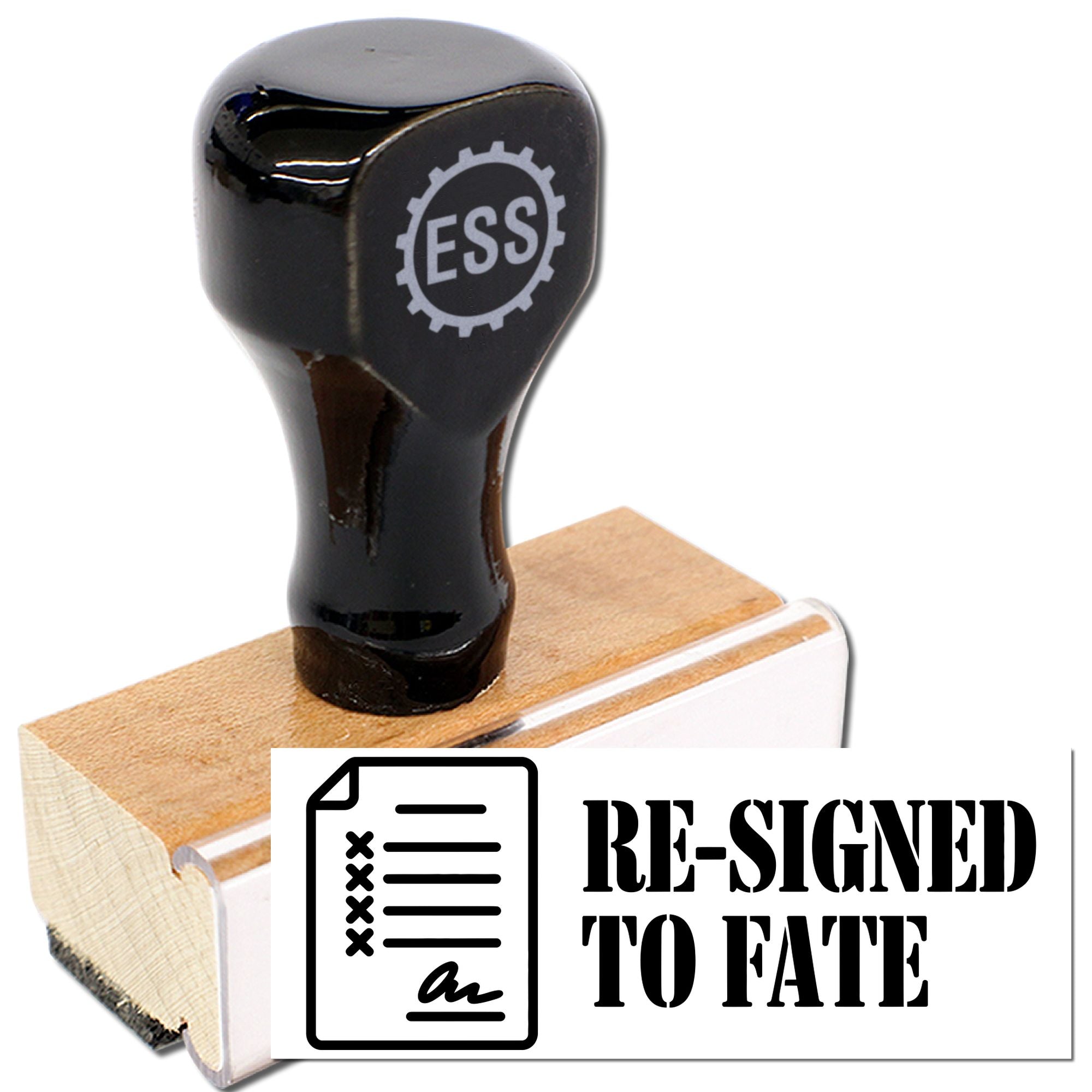 Black ESS rubber stamp and seal on wood block with Re-Signed to Fate design.