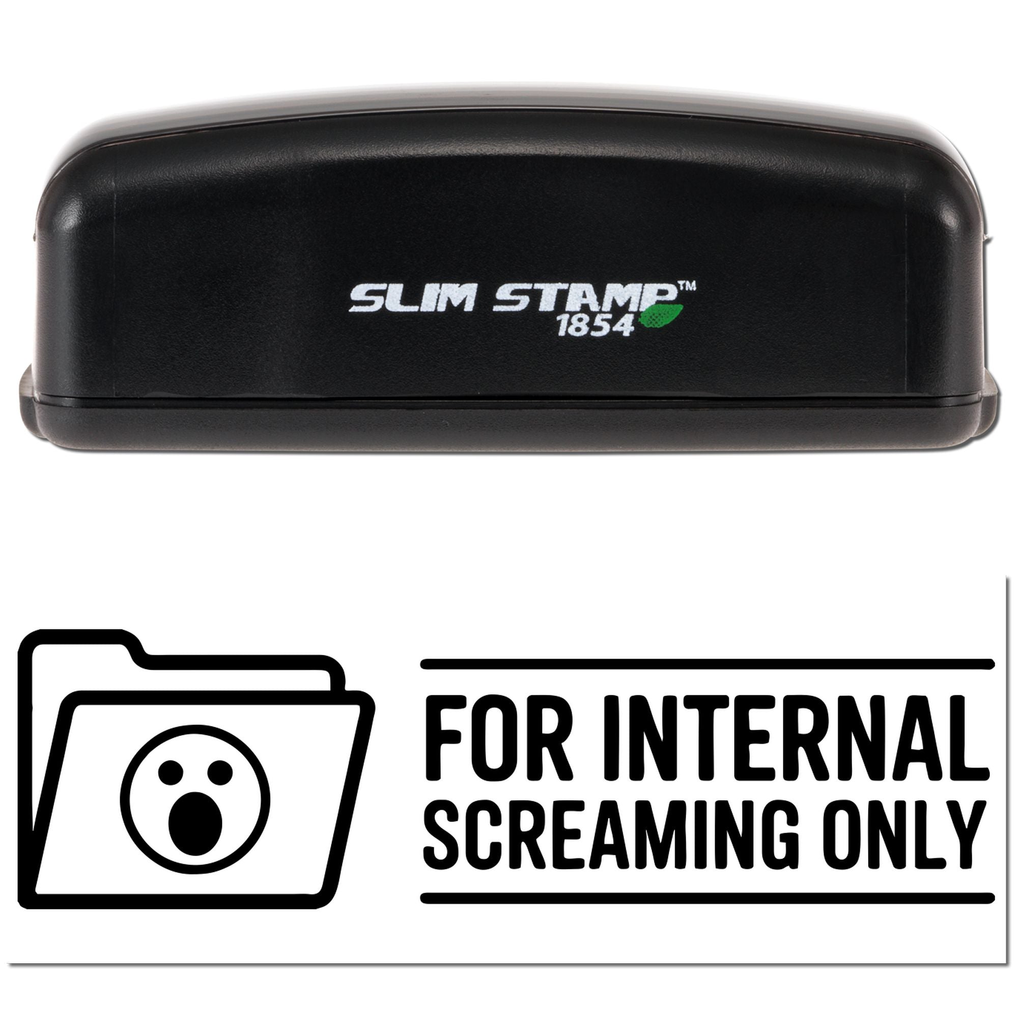 Black Slim Stamp 1854 stamp and seal product, black on white, with folder icon and For internal screaming only text.