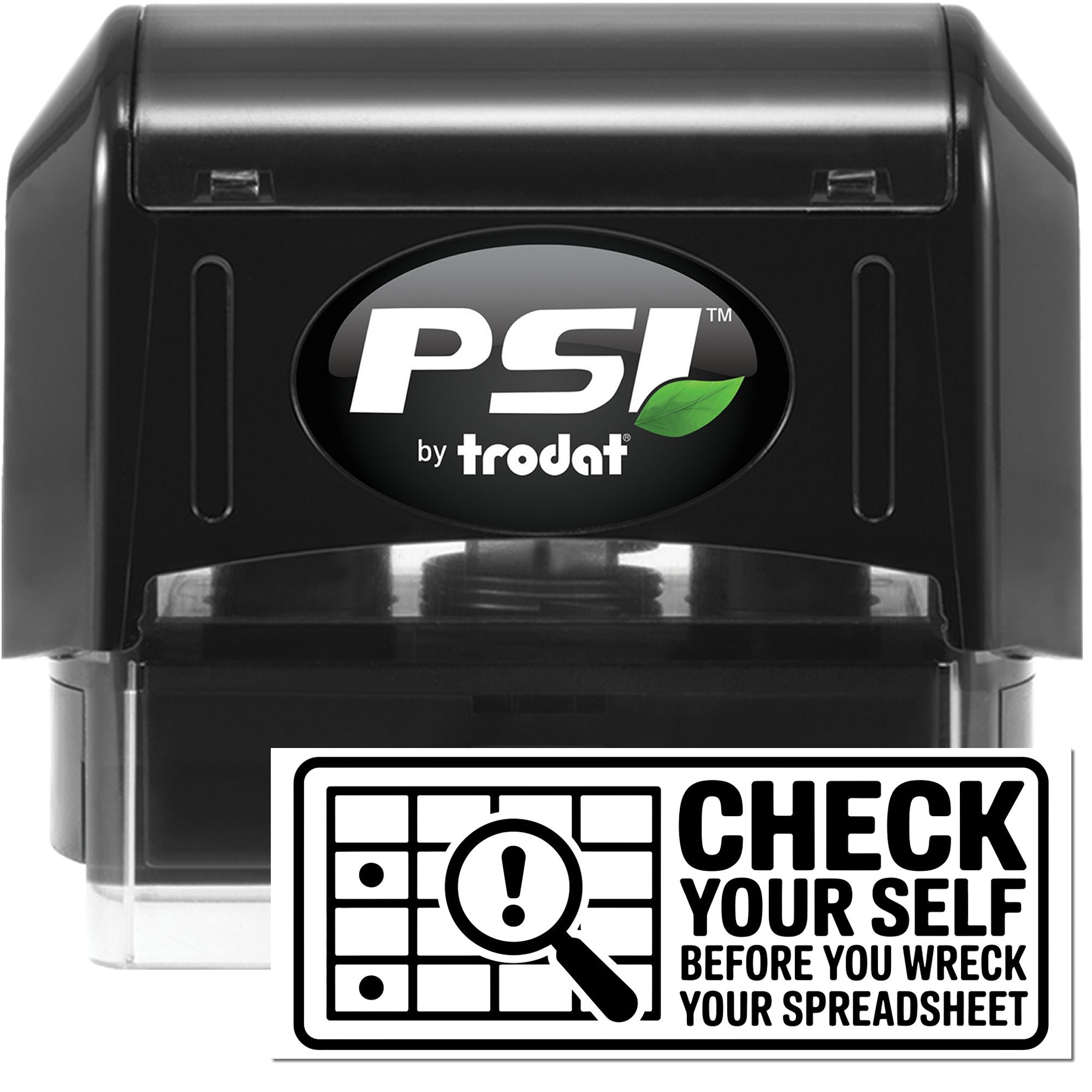 Black PSI by Trodat self-inking stamp with green leaf logo and white check-your-work seal.