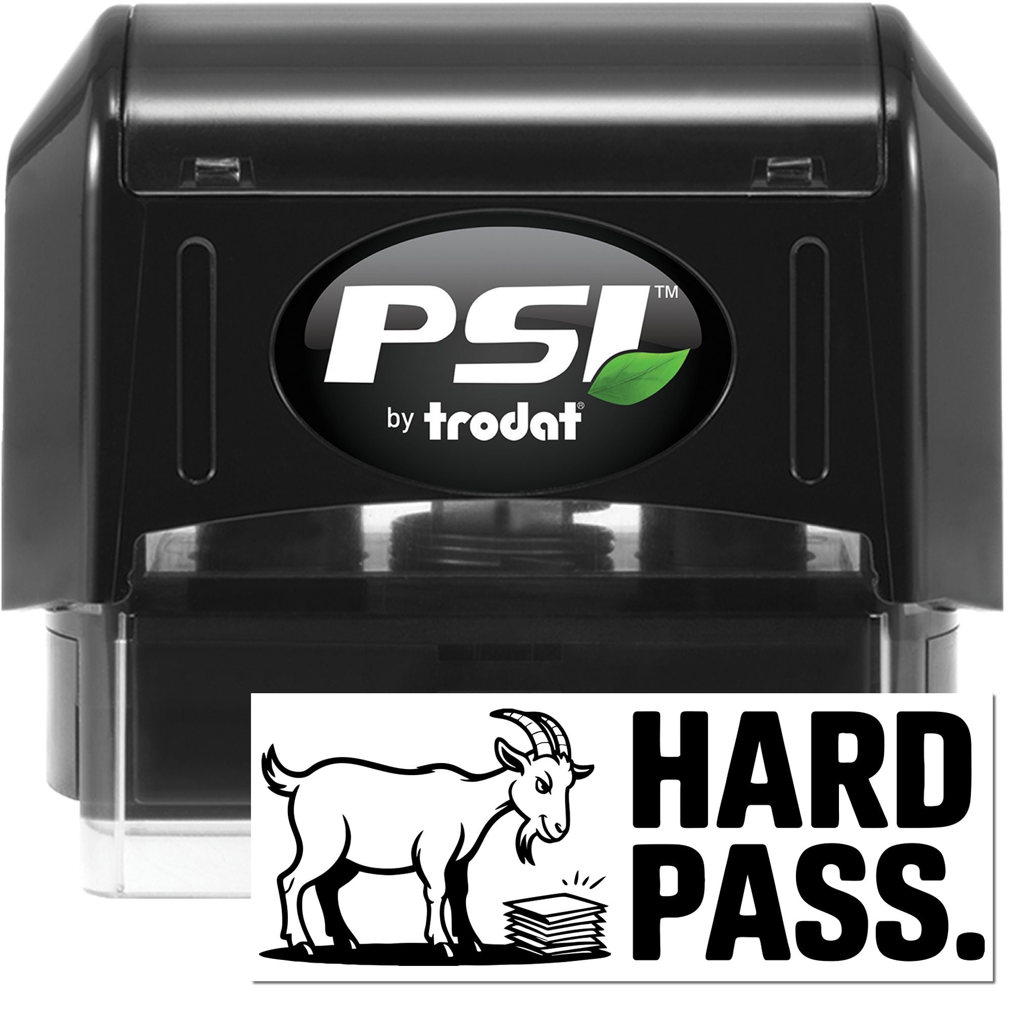 Black PSI by Trodat hard pass self-inking stamp with white goat graphic, bold text, and green leaf logo on a white background.