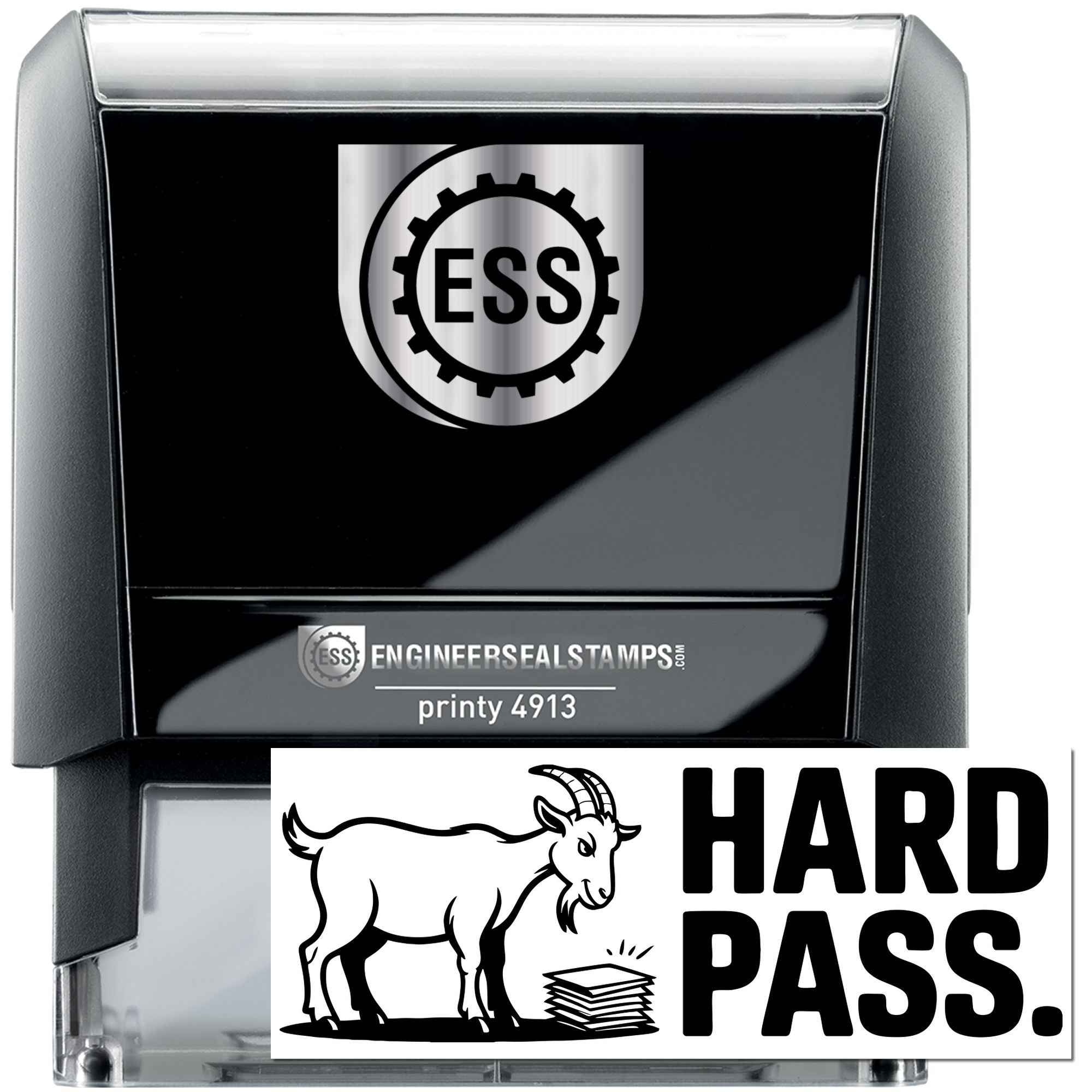 Black and silver self-inking engineer seal stamp with ESS logo and HARD PASS goat graphic.