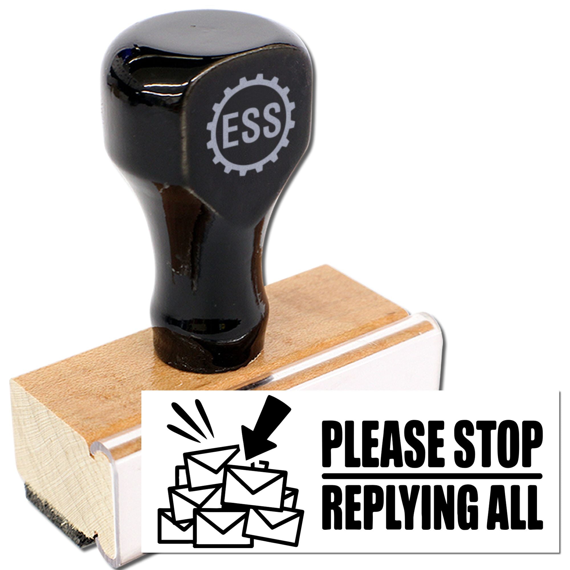 Black rubber stamp on a wooden base with ESS logo, plus a white seal reading Please Stop Replying All and envelope icon.