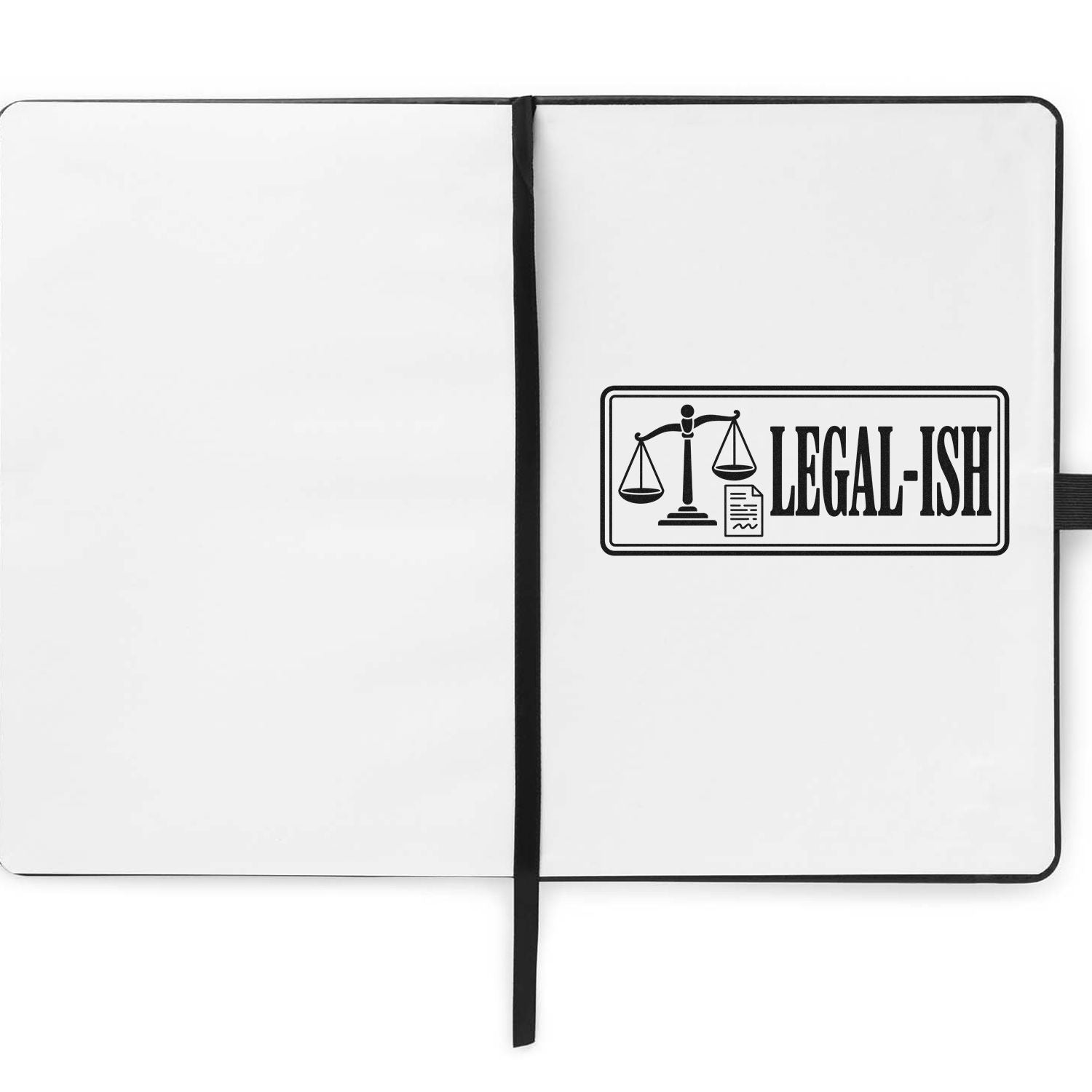 Black Legal-Ish stamp and seal with scales of justice and document on a white notebook cover.