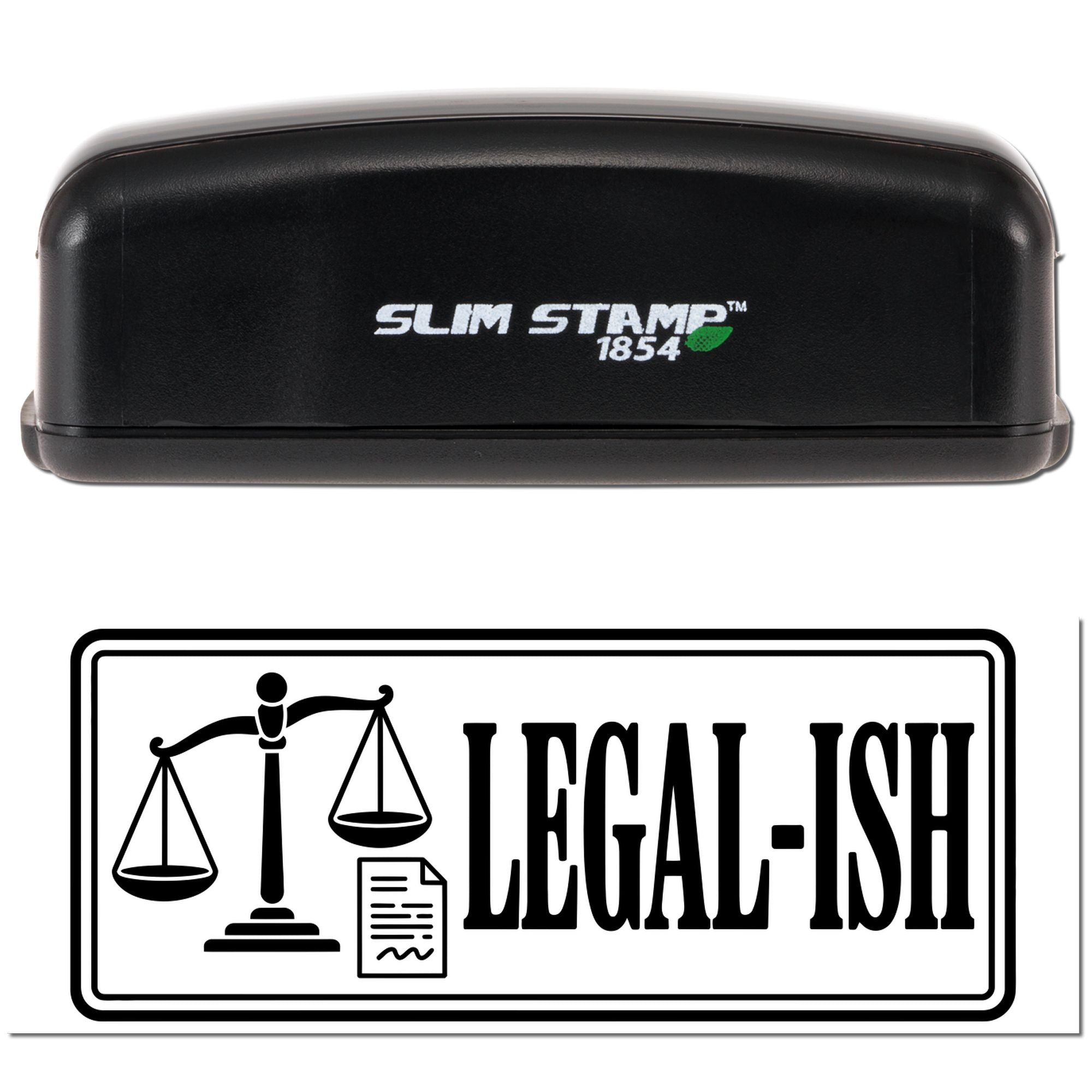 Black Slim Stamp 1854 self-inking stamp and legal seal with scales, document icon, and bold LEGAL-ISH text on white.
