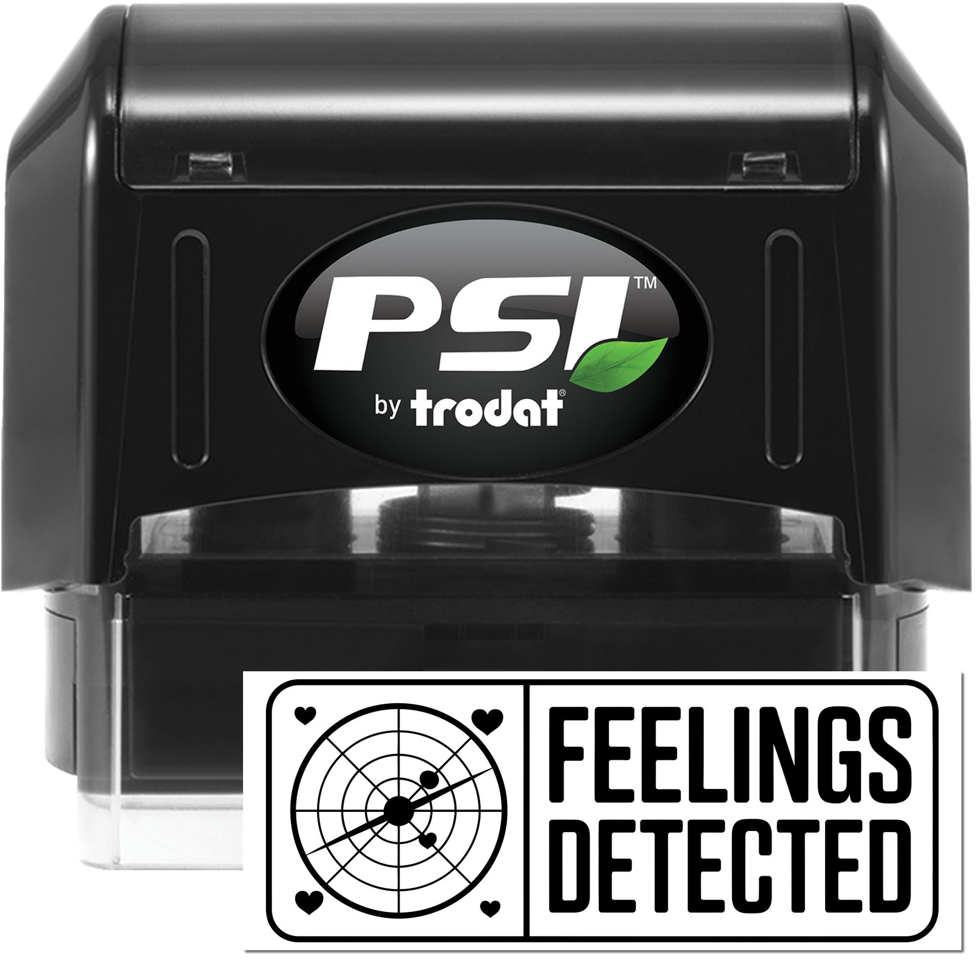 Black PSI by Trodat self-inking stamp and Feelings Detected seal with green leaf logo on white background.