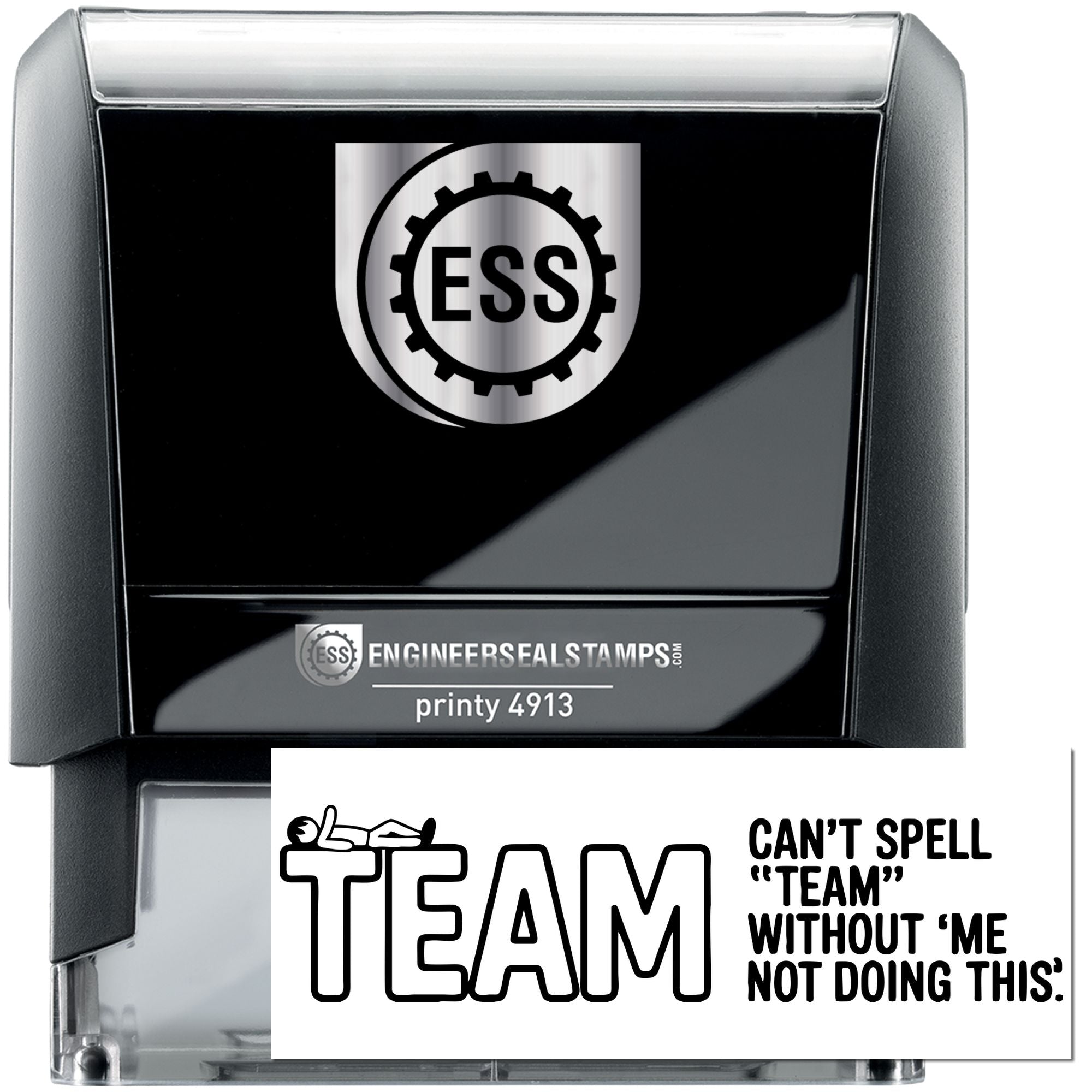 Black self-inking engineer seal stamp with ESS logo and white TEAM seal insert, bold black text and silver accents.