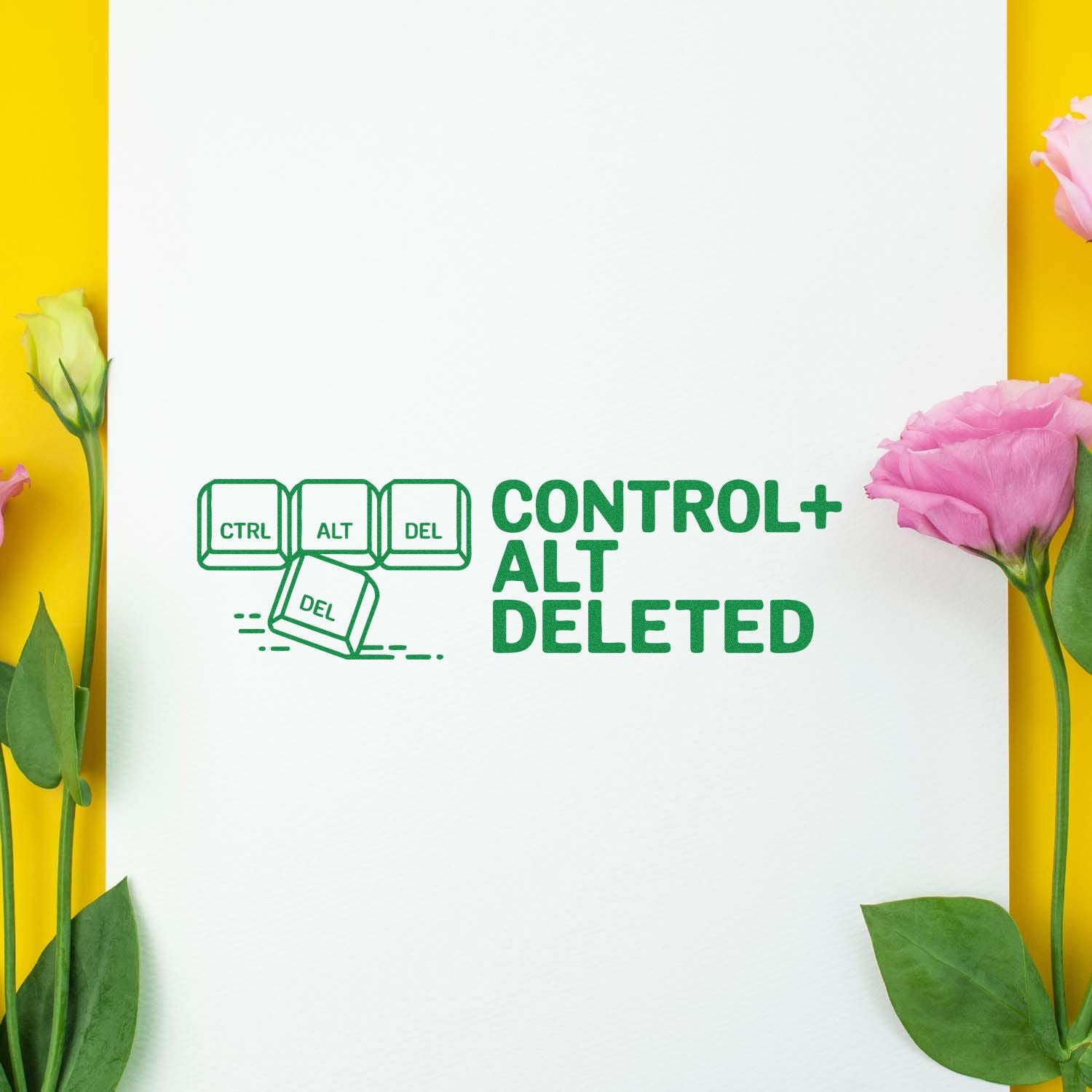 Green stamp-seal graphic reading CTRL ALT DEL on white paper with yellow background and pink flowers.