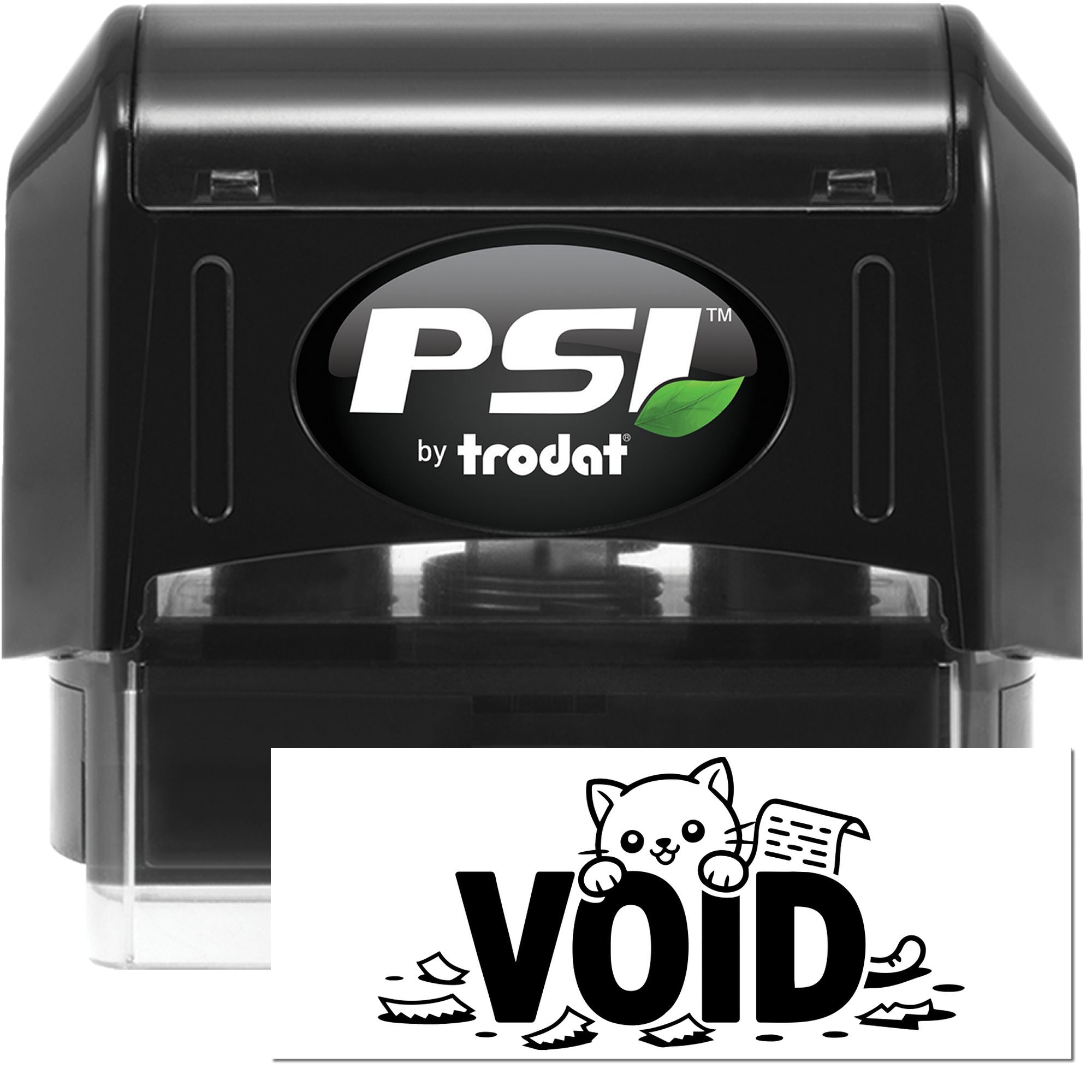 Black PSI by Trodat self-inking stamp with clear base, beside a white VOID seal card with black cat graphic.
