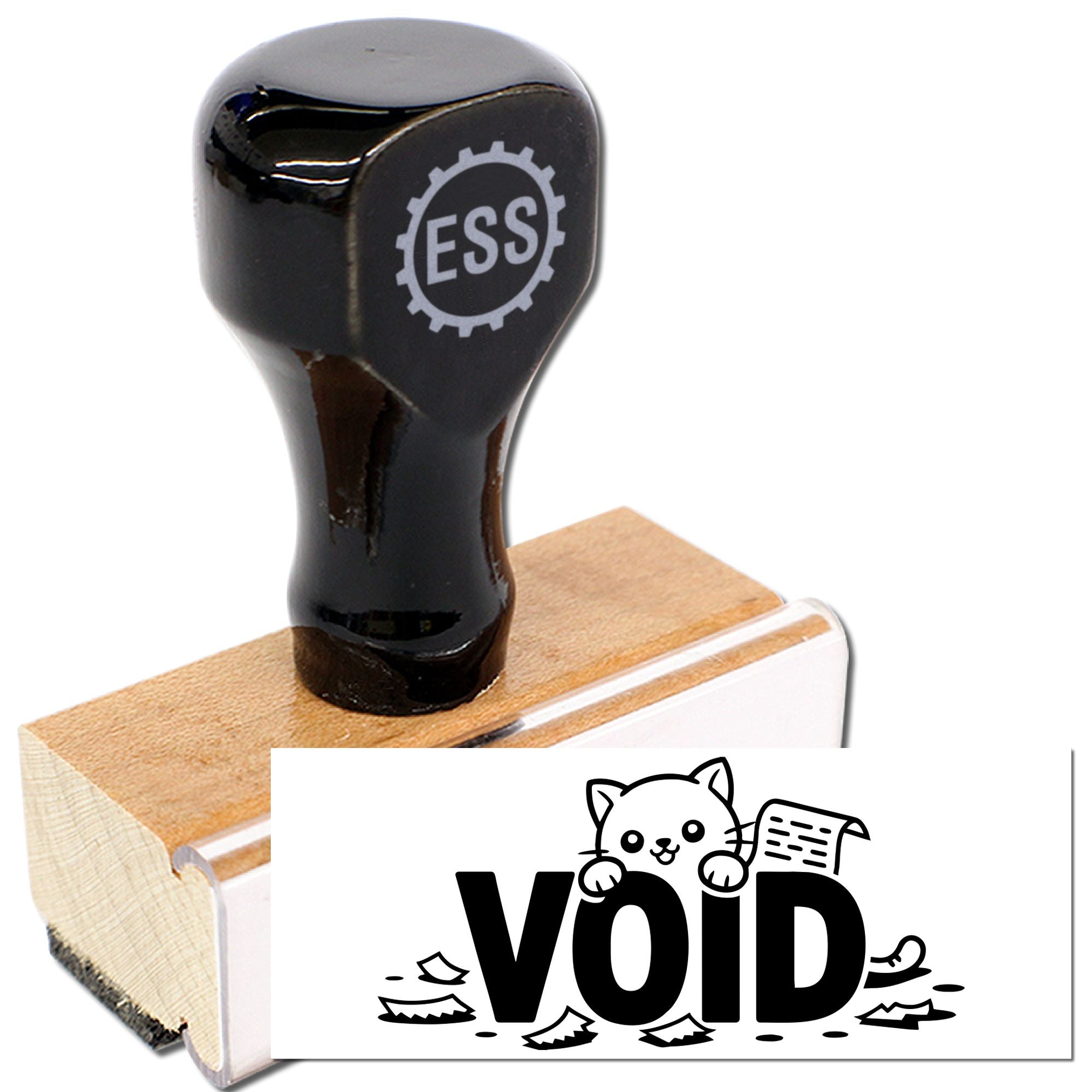 Black rubber seal stamp with wooden handle, ESS logo, and VOID imprint design on white background.