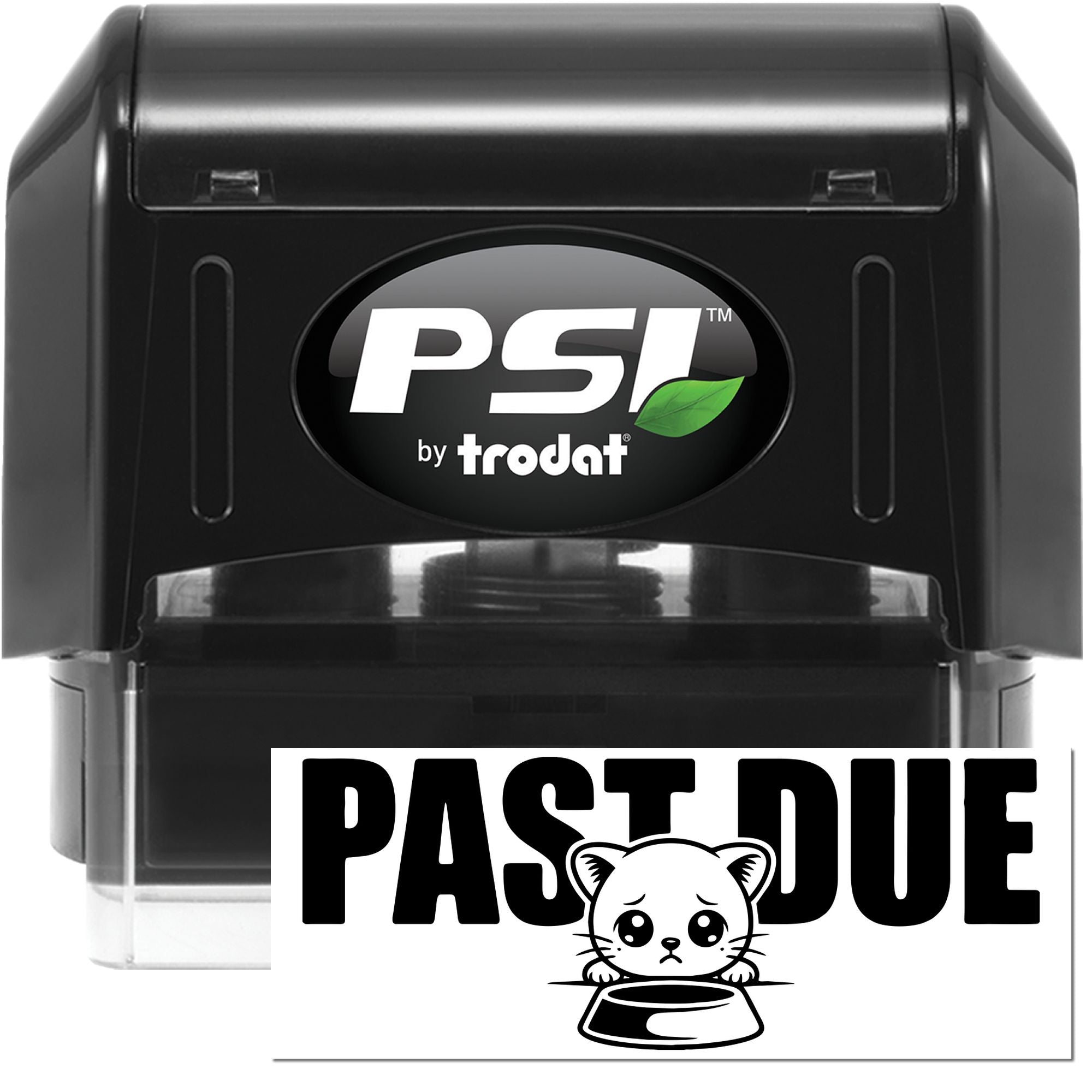 Black PSI by Trodat self-inking stamp with green leaf logo and white PAST DUE seal design