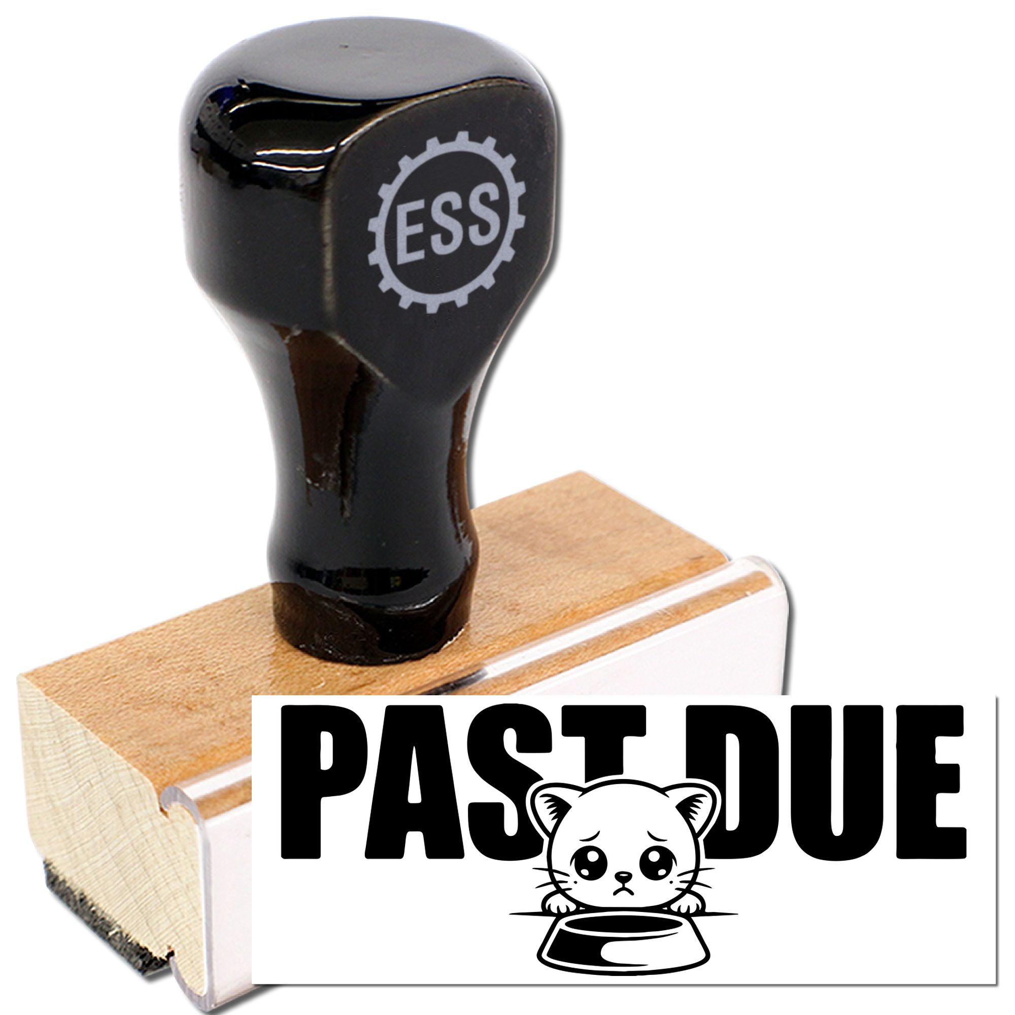 Black rubber stamp and seal on a wooden base, with ESS logo and bold PAST DUE text beside a cat icon.