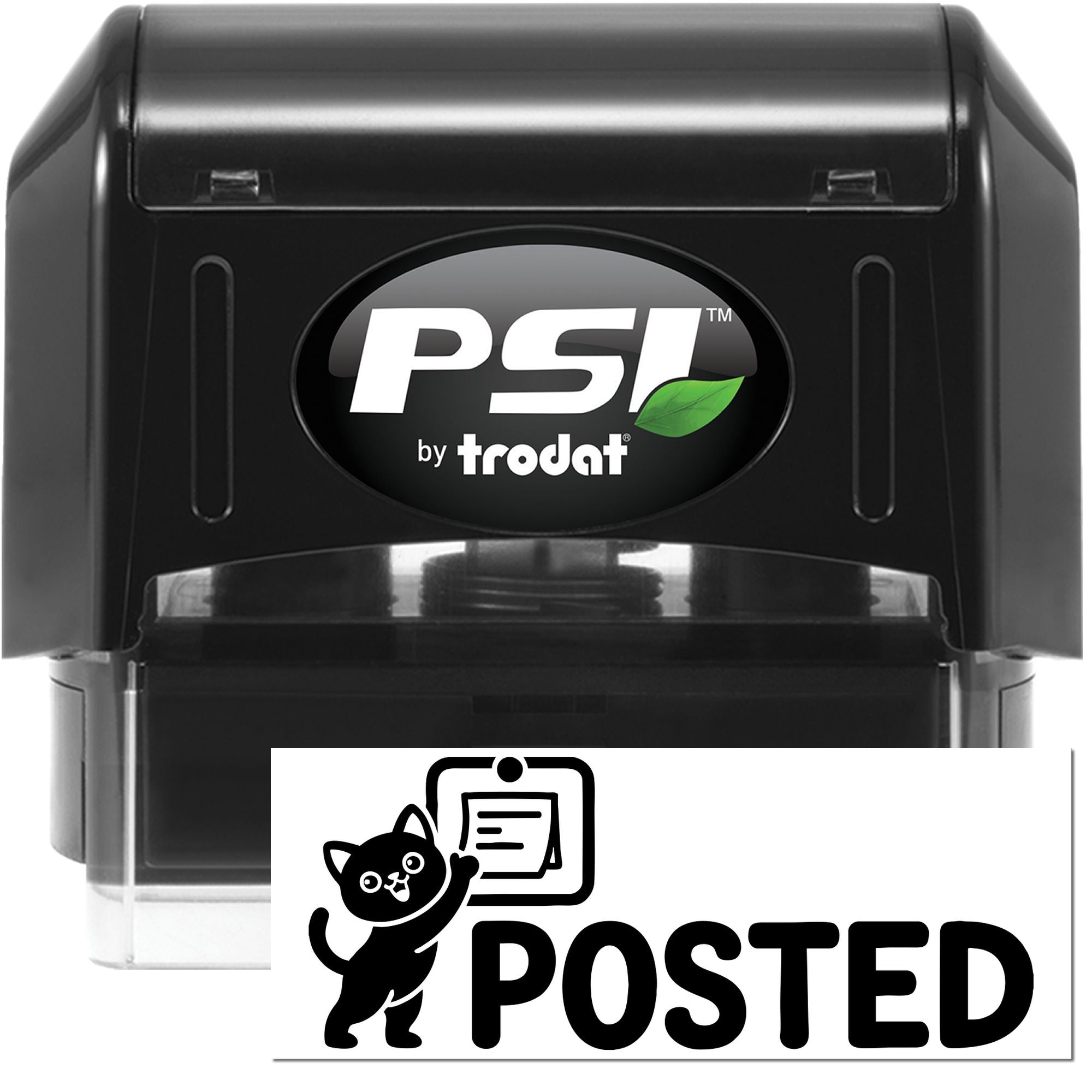Black PSI by Trodat self-inking stamp and seal with clear base and posted seal graphic