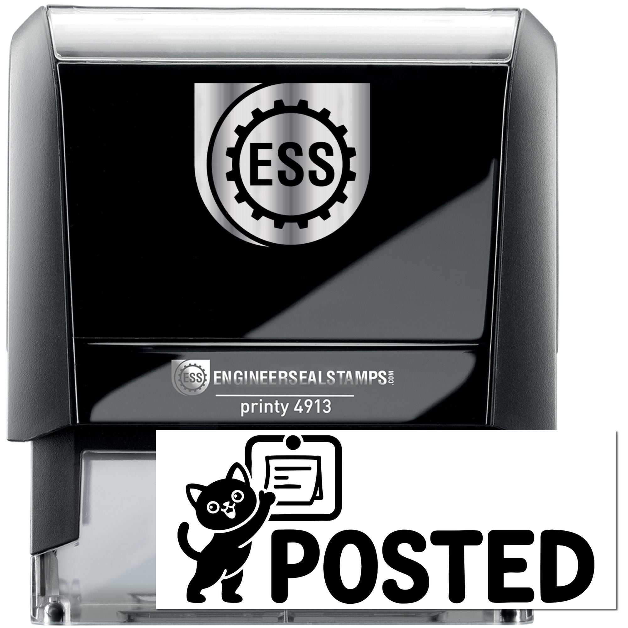Black ESS engineer seal self-inking stamp with clear case and POSTED insert