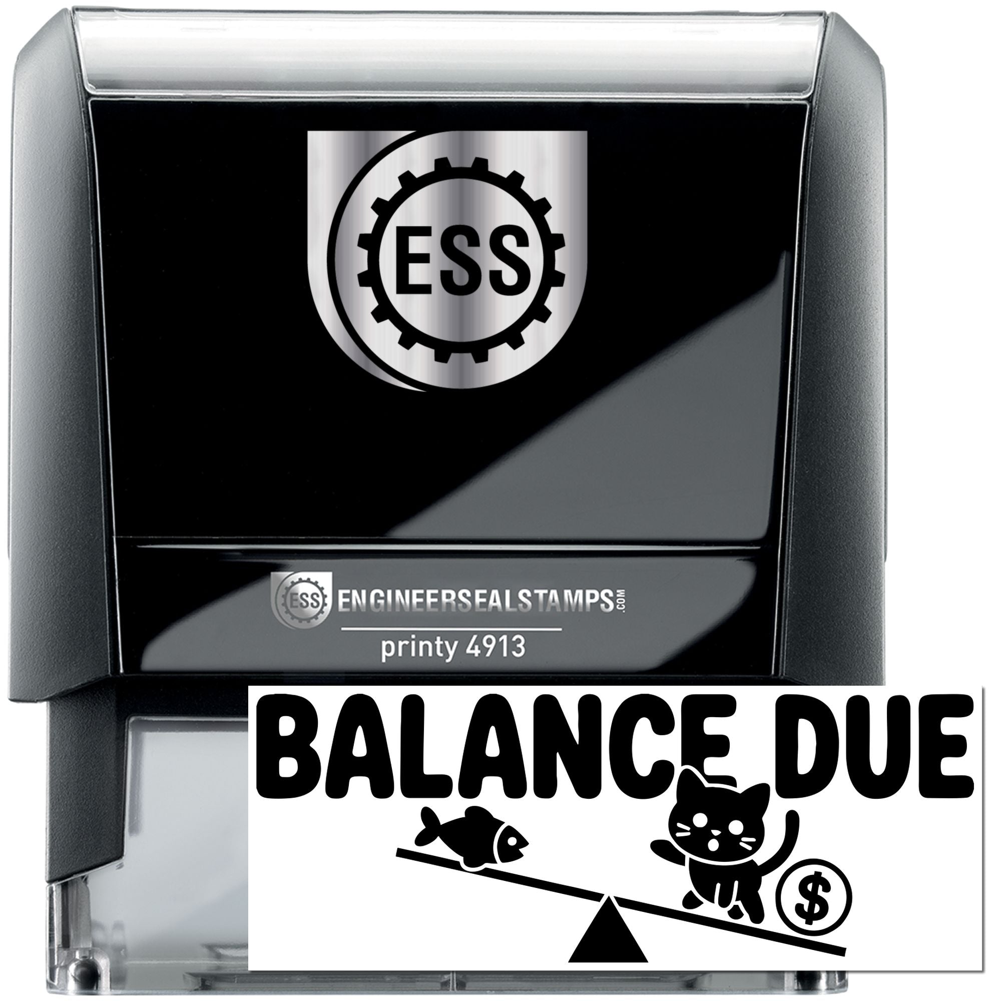 Black and silver ESS engineer seal stamp with gear logo, clear handle, and Balance Due design.