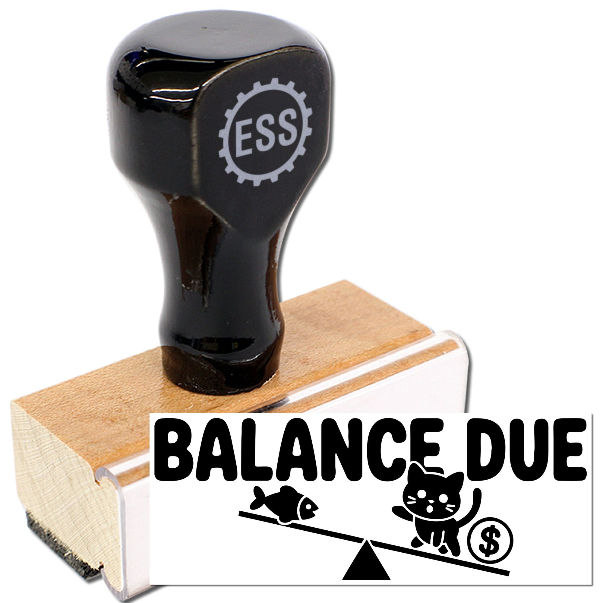 Black rubber balance due stamp with wooden handle, white text, and scale graphic on a seal block