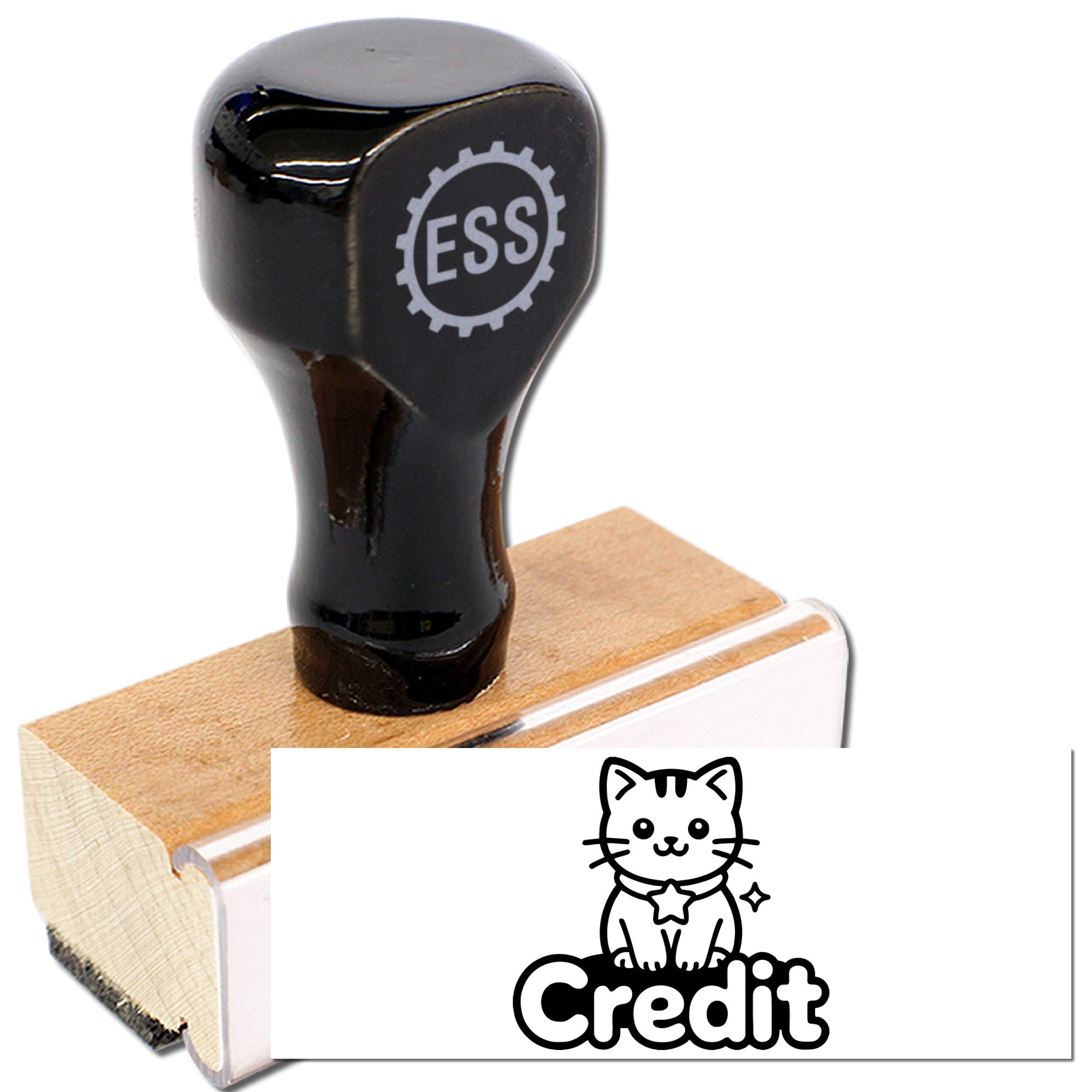 Black ESS self-inking stamp and seal with wooden handle, showing a cat Credit design on white background.