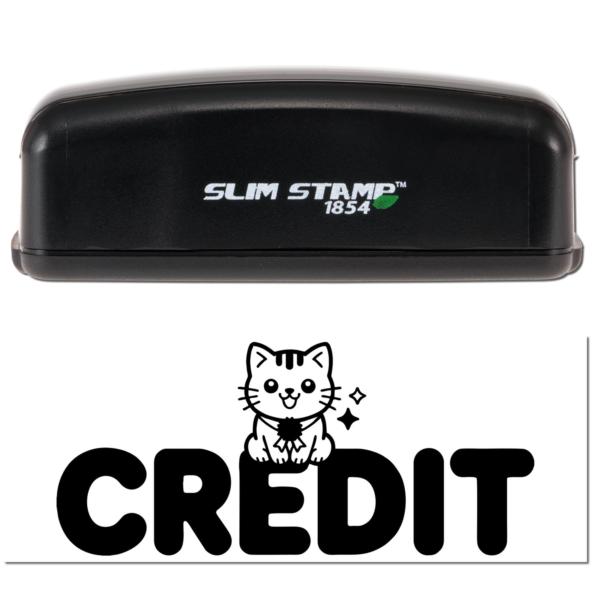 Black Slim Stamp 1854 stamp and seal case above white credit card with bold black CREDIT text, cat icon, and green leaf logo.