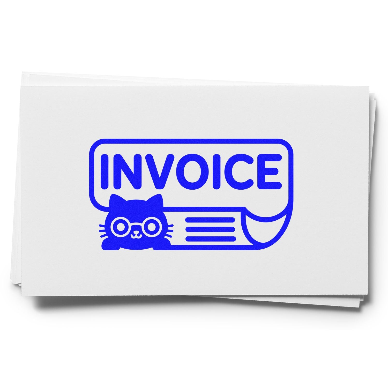 Blue invoice stamp and seal with cat icon on stacked white paper cards