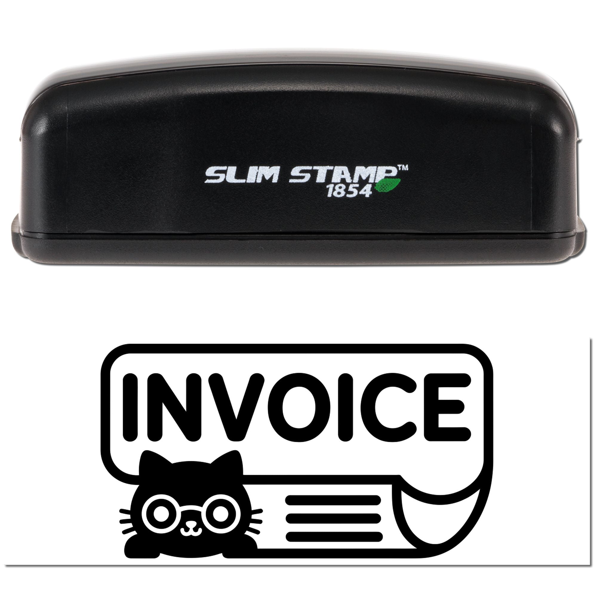 Black Slim Stamp 1854 self-inking stamp with invoice seal and cat icon on a white background