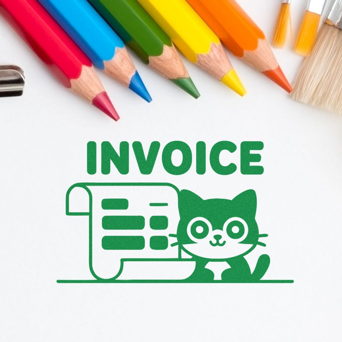 Green invoice stamp seal with cat and document, surrounded by colorful pencils and brushes.