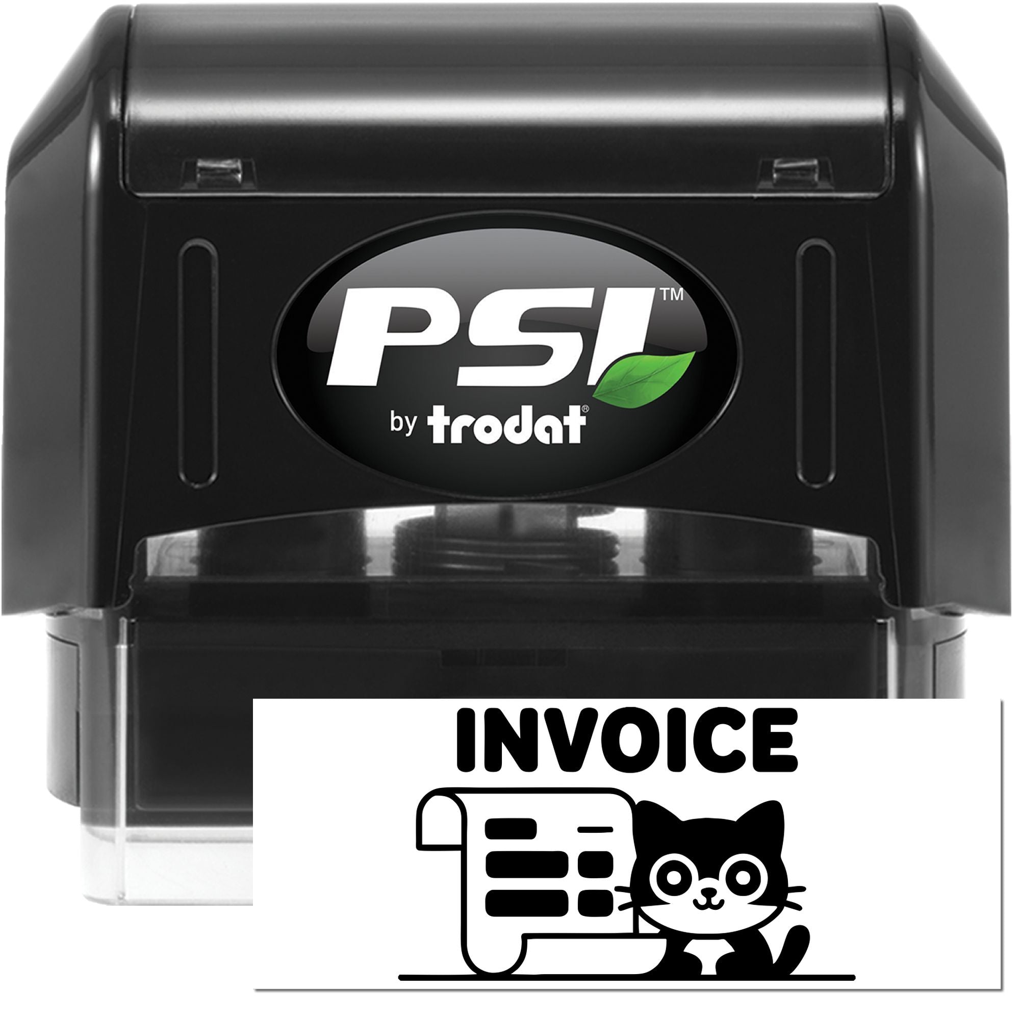Black PSI by Trodat self-inking invoice stamp and seal with white logo, green leaf accent, and clear base.