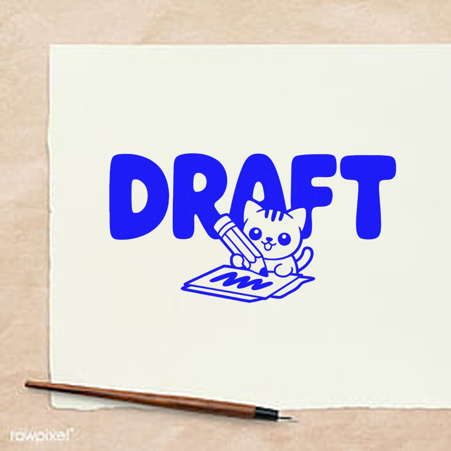 Blue draft stamp seal with cartoon cat drawing a pencil on cream paper